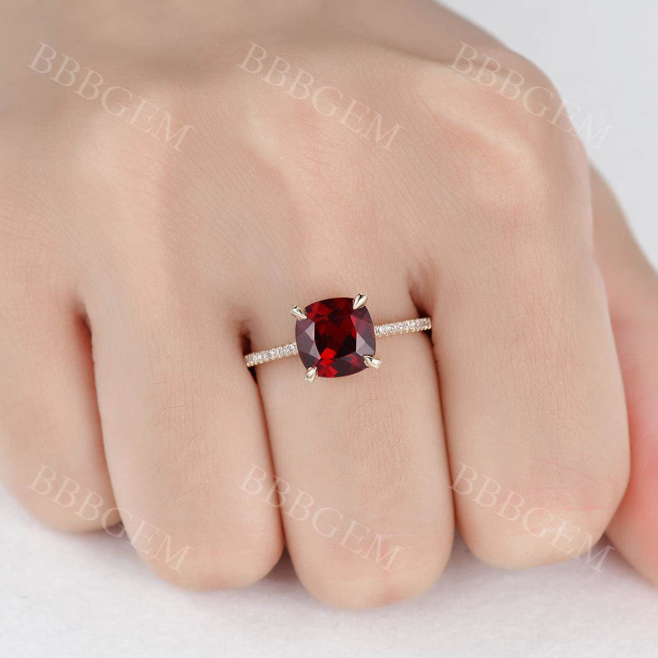 2.5 Carat Cushion Cut Red Garnet Promise Ring with Half Eternity Diamond Band in 14K Rose Gold - Perfect for Engagement, Anniversary & Romantic Gifts