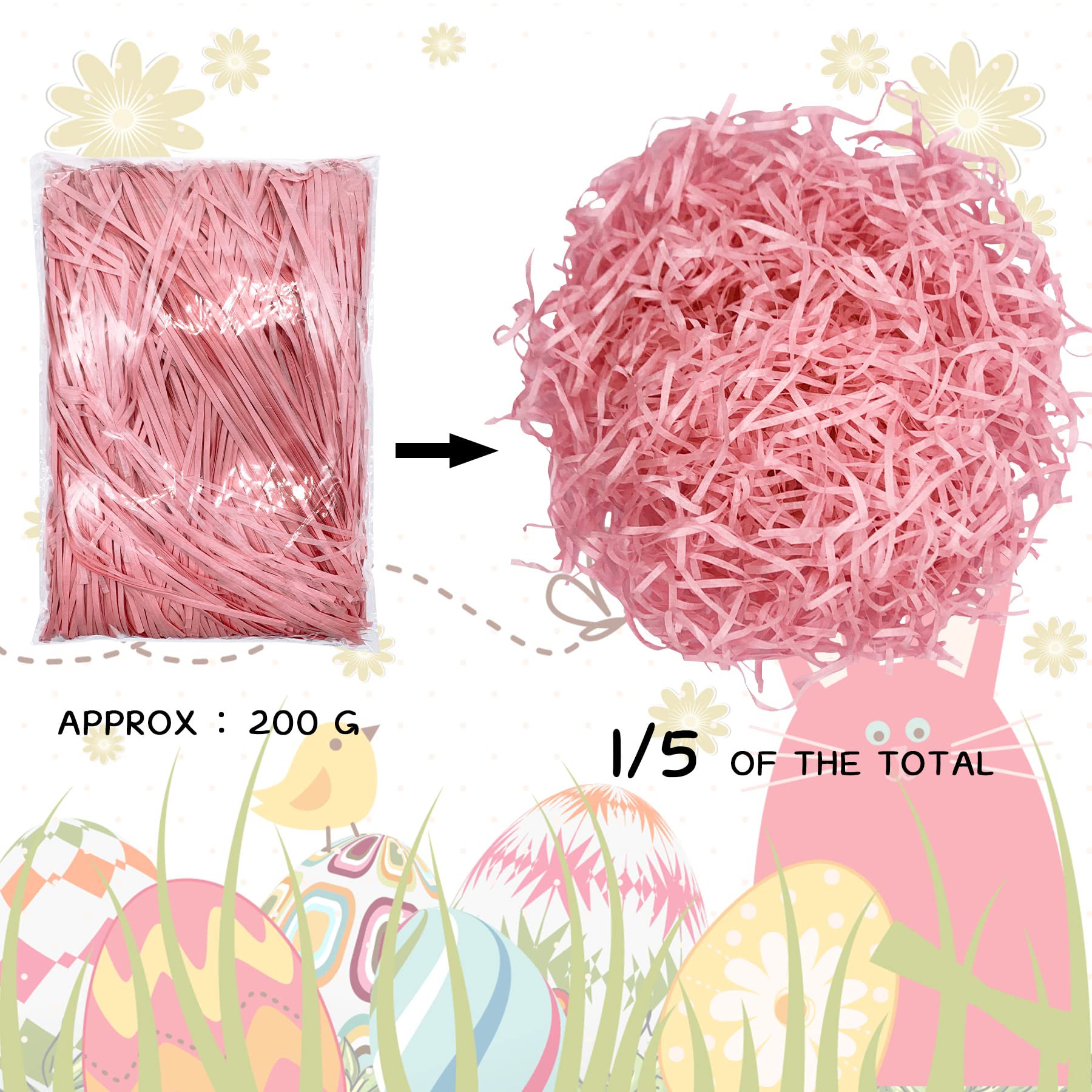 PEVOGON Pink Easter Basket Grass Filler - 200G Paper Shreds for Easter Egg Stuffing, Gift Wrapping & Party Decorations - Perfect for Easter Baskets, Spring Celebrations & DIY Crafts