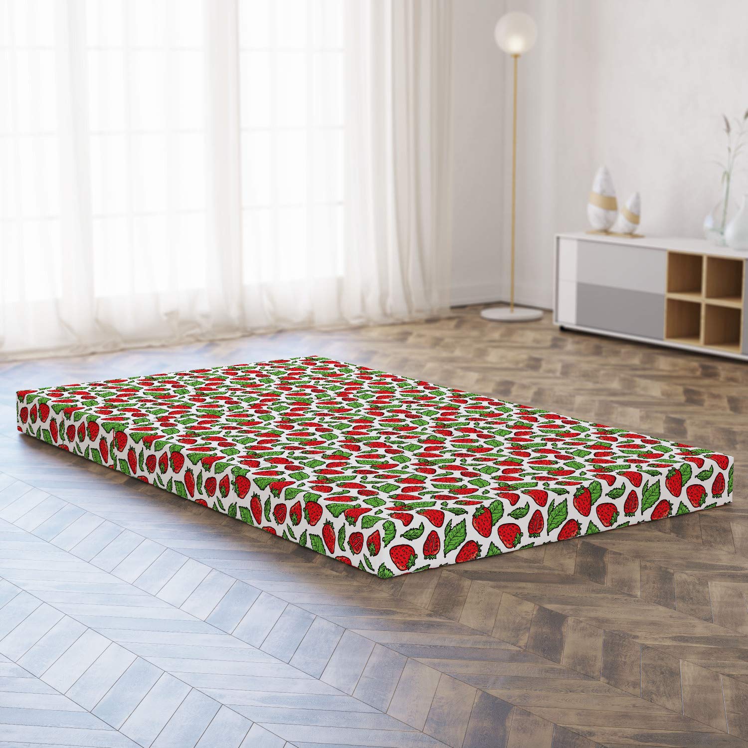 Ambesonne Fruit Foldable Mattress - Juicy Strawberry Leaves Design, 78.7 x 47.2 Inches, Fern Green & Red - Perfect for Guest Beds, Dorm Rooms, and Camping Trips