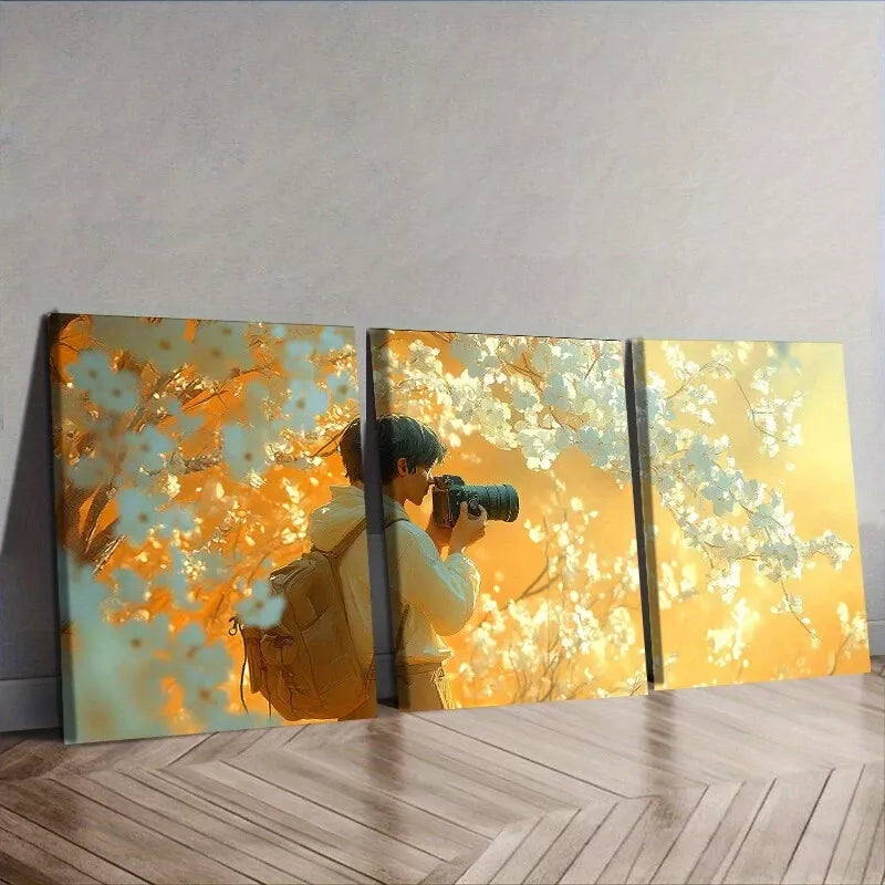 3-Piece Male Cameraman Holding Camera Flowers Wall Art Set - Framed Canvas Prints 40x60cm - High Quality Australian Made - Perfect for Living Room, Bedroom & Office Decor - Ready to Hang