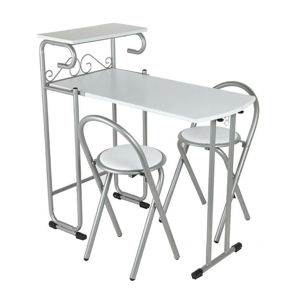 White Folding Dining Set - 3 Piece MDF Metal Table & 2 Chairs for Kitchen, Dining Room, Small Space - 35.24