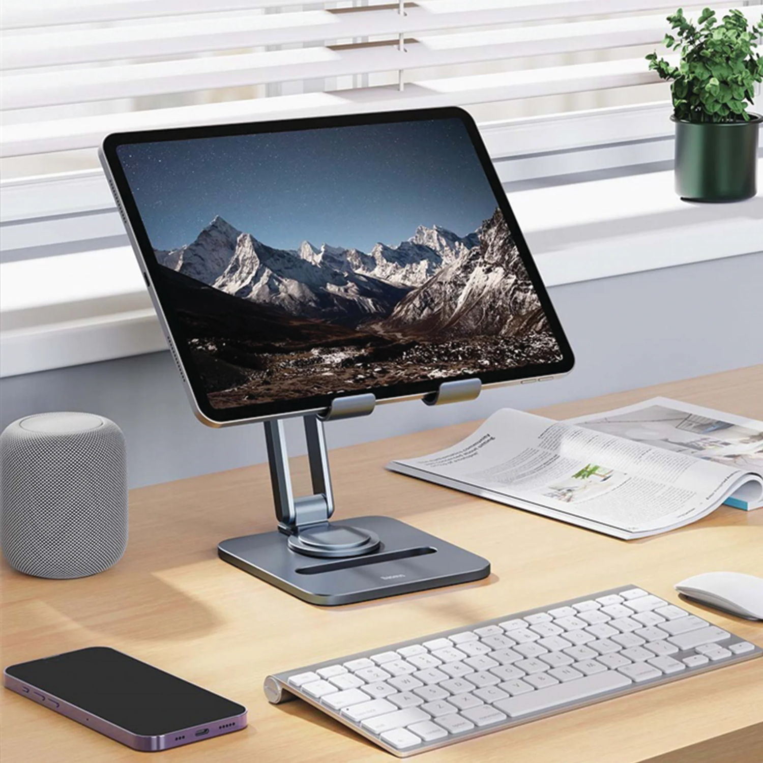 Baseus Metal Biaxial Foldable Tablet Stand for iPad - Adjustable Desktop Holder for Reading, Watching & Working (Grey)