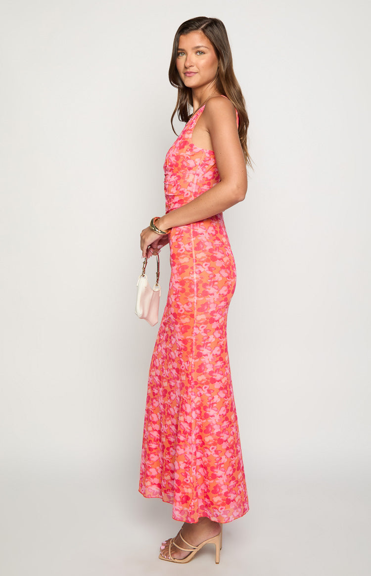 Beck Orange Floral Print Maxi Dress - Women's Summer Boho Beach Dress for Vacation, Party & Casual Wear | Lightweight Flowy Long Dress with Pockets