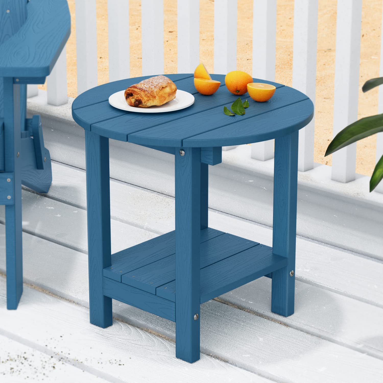 MXIMU 18-Inch Round Outdoor Side Table with Storage Shelf - 2-Tier Plastic Patio End Table for Balcony, Backyard, Lawn, Poolside & Deck - Navy Blue Adirondack Chairside Table (1 Pack)