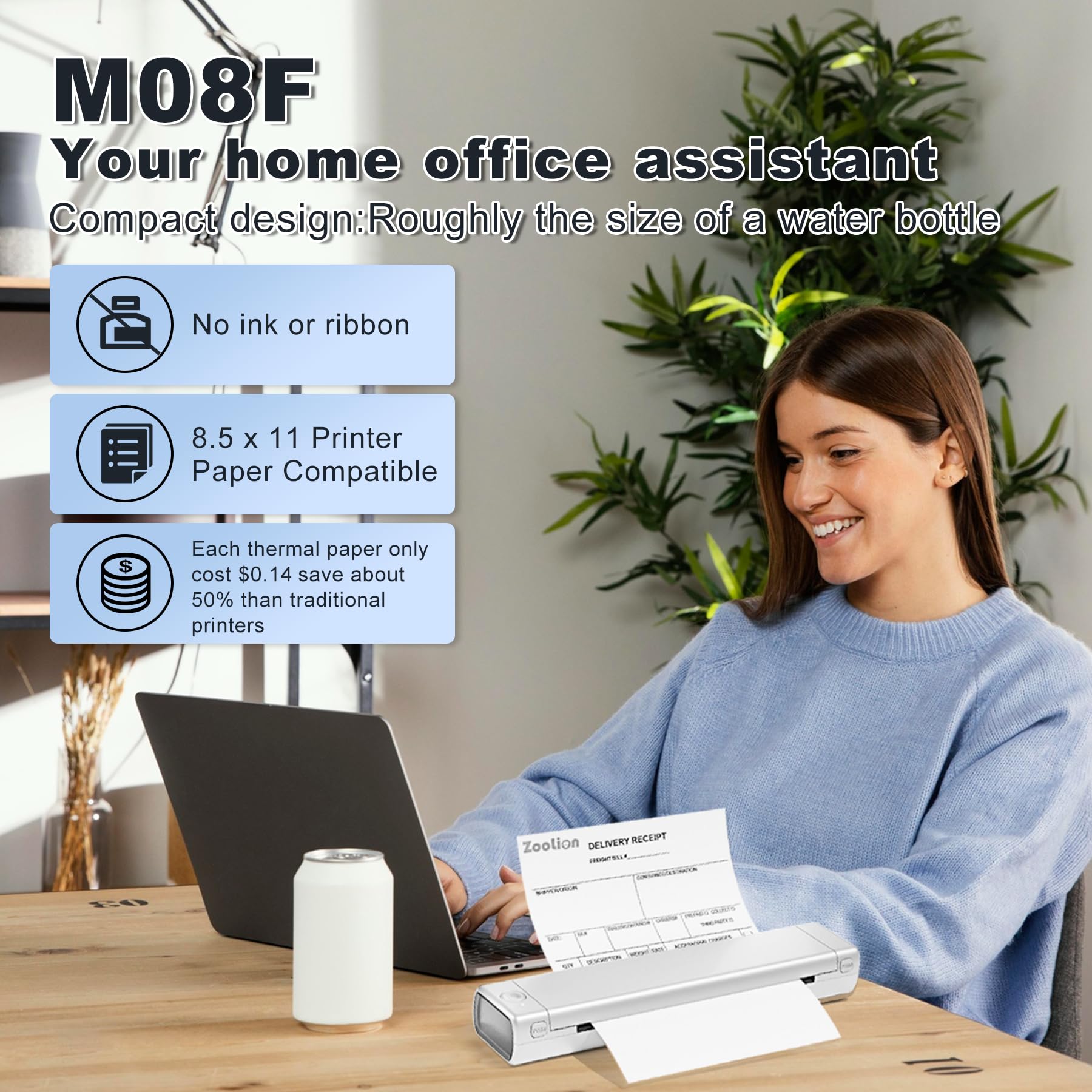 Zoolion M08F Portable Thermal Printer - Wireless, Inkless, Compact for Home Office & Travel - Supports 8.5