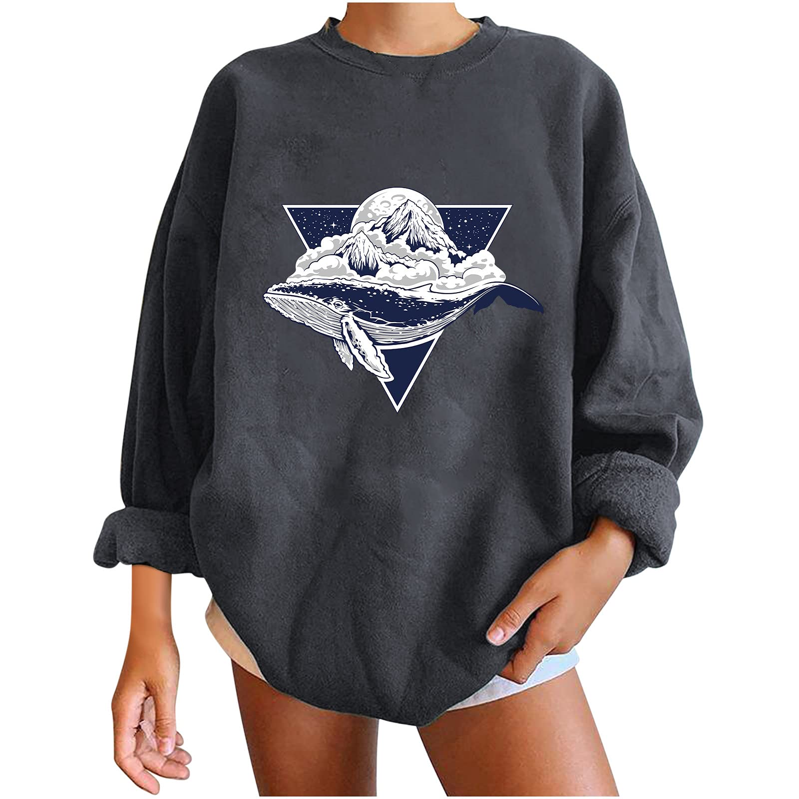 Women's Fall Sweatshirts - Vintage Graphic Oversized Crew Neck Pullover with Elastic Cuffs | Cozy Long Sleeve Sweater for Autumn Outfits, Casual Wear & Layering