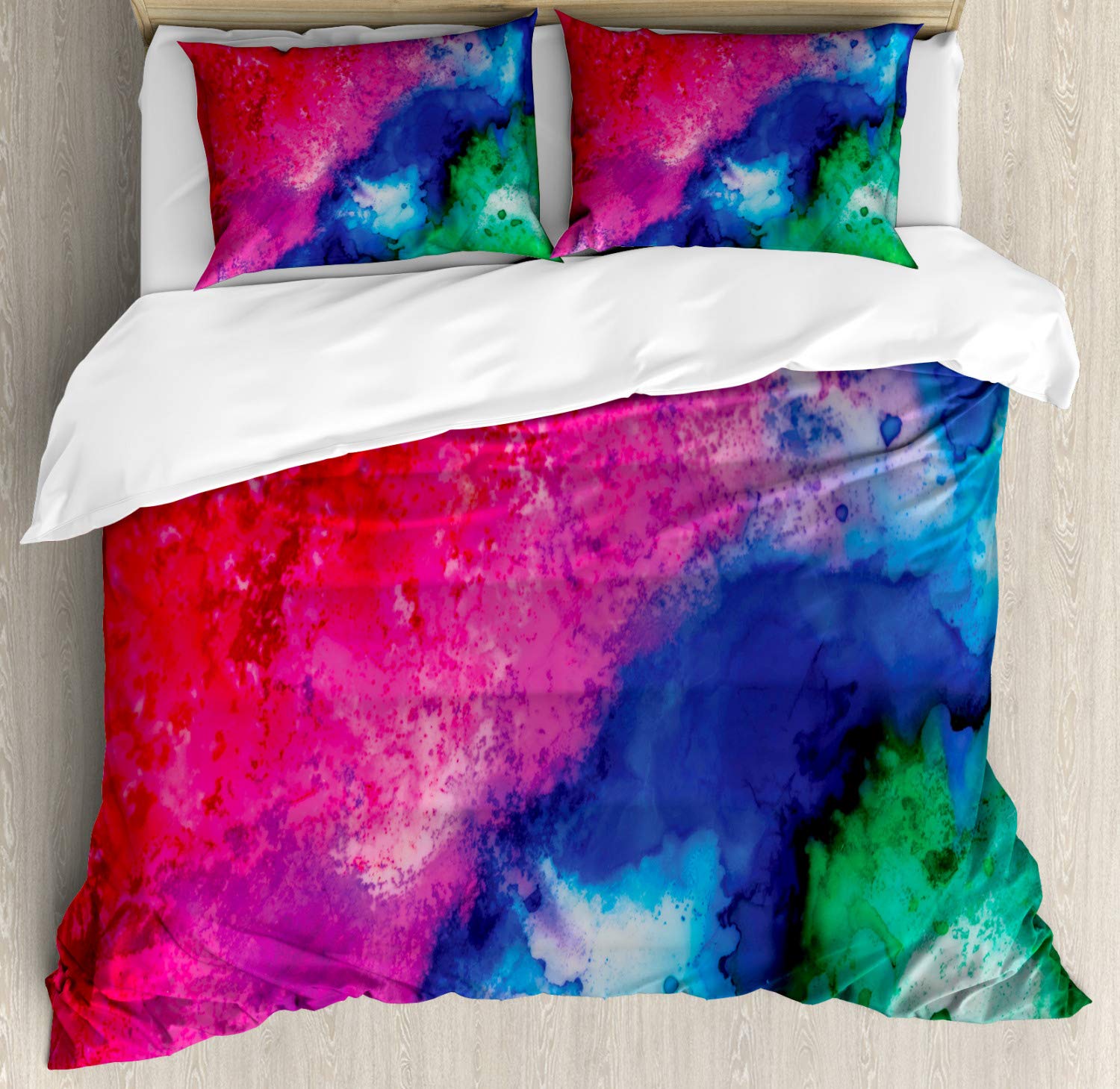 Ambesonne Tie Dye Duvet Cover Set King Size - Watercolor Aquarelle Artwork in Vibrant Vermilion Purple Blue & Green - 3 Piece Bedding Set with 2 Pillow Shams - Bohemian Chic Decor for Master Bedroom, Guest Room & Dorm