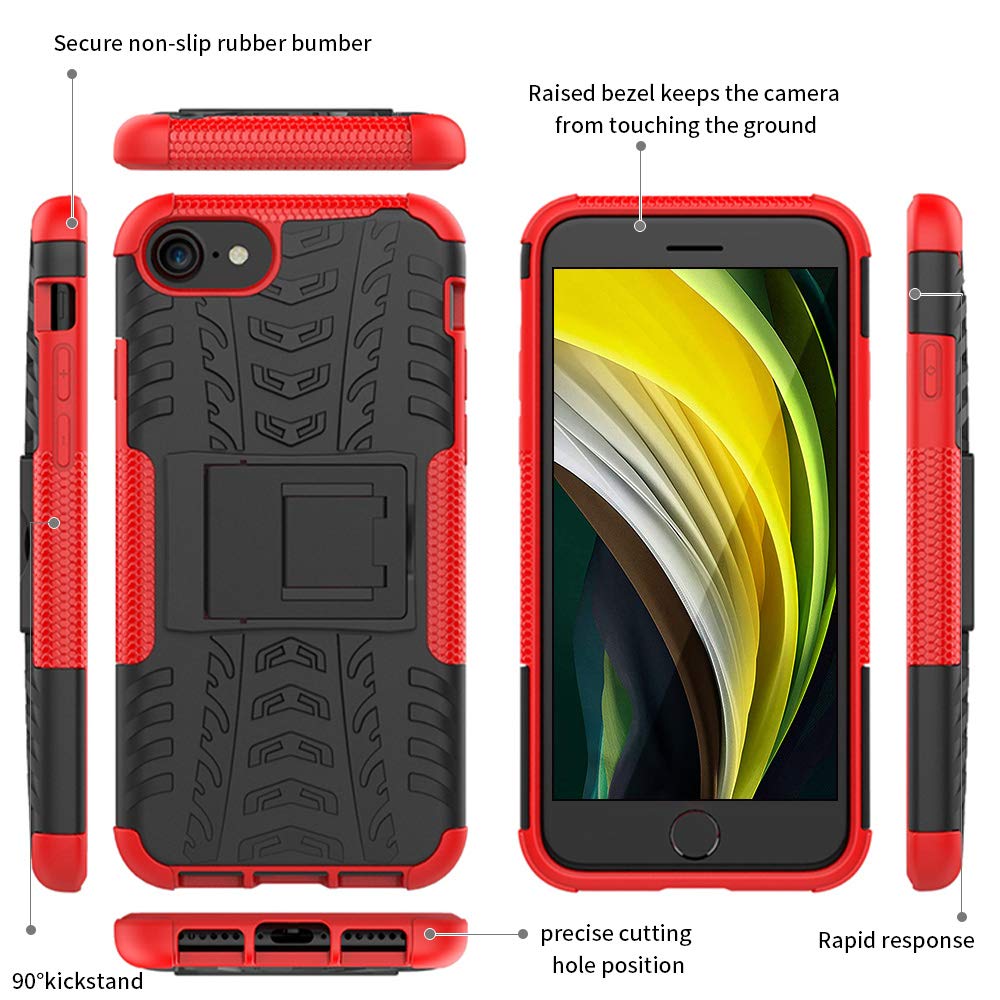 Premium Shockproof Silicone iPhone Case with Built-in Kickstand & Screen Protector - Compatible with iPhone SE 2020/7/8 (Red) - Perfect for Work, Travel & Outdoor Activities