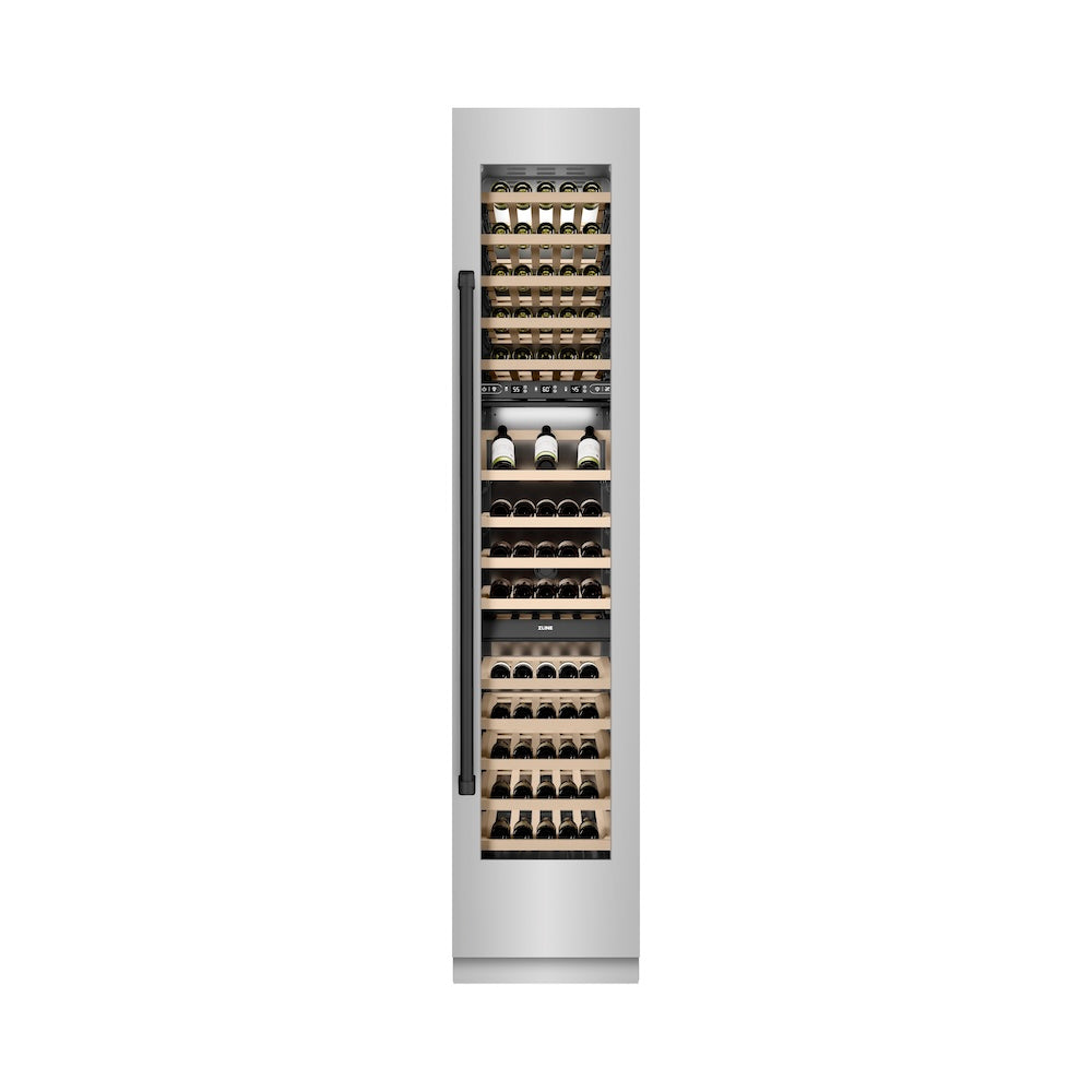 ZLINE Autograph Edition 18 Inch 9.0 cu ft Triple Zone 68 Bottle Right Hinge Stainless Steel Column Wine Cooler with Matte Black Accents - Perfect for Home Bars, Wine Cellars, and Entertaining Spaces (RCWVRZ 304 18 MB)