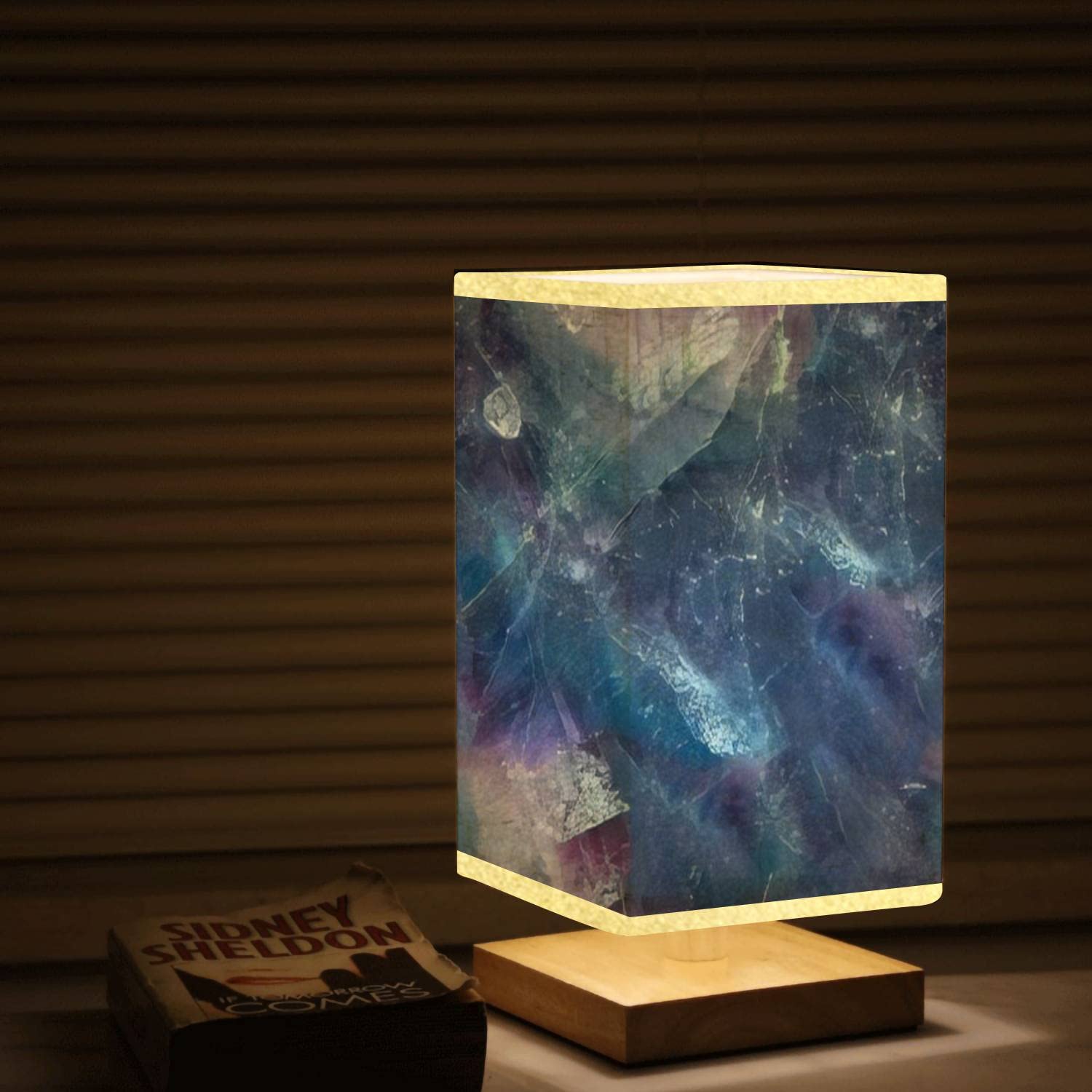 Dimmable Square Bedside Table Lamp with Natural Stone Green & Purple Fluorite Crystals, Wooden Base & Flaxen Fabric Shade - Perfect Nightstand Lamp for Bedroom, Living Room, Office, or Reading Nook