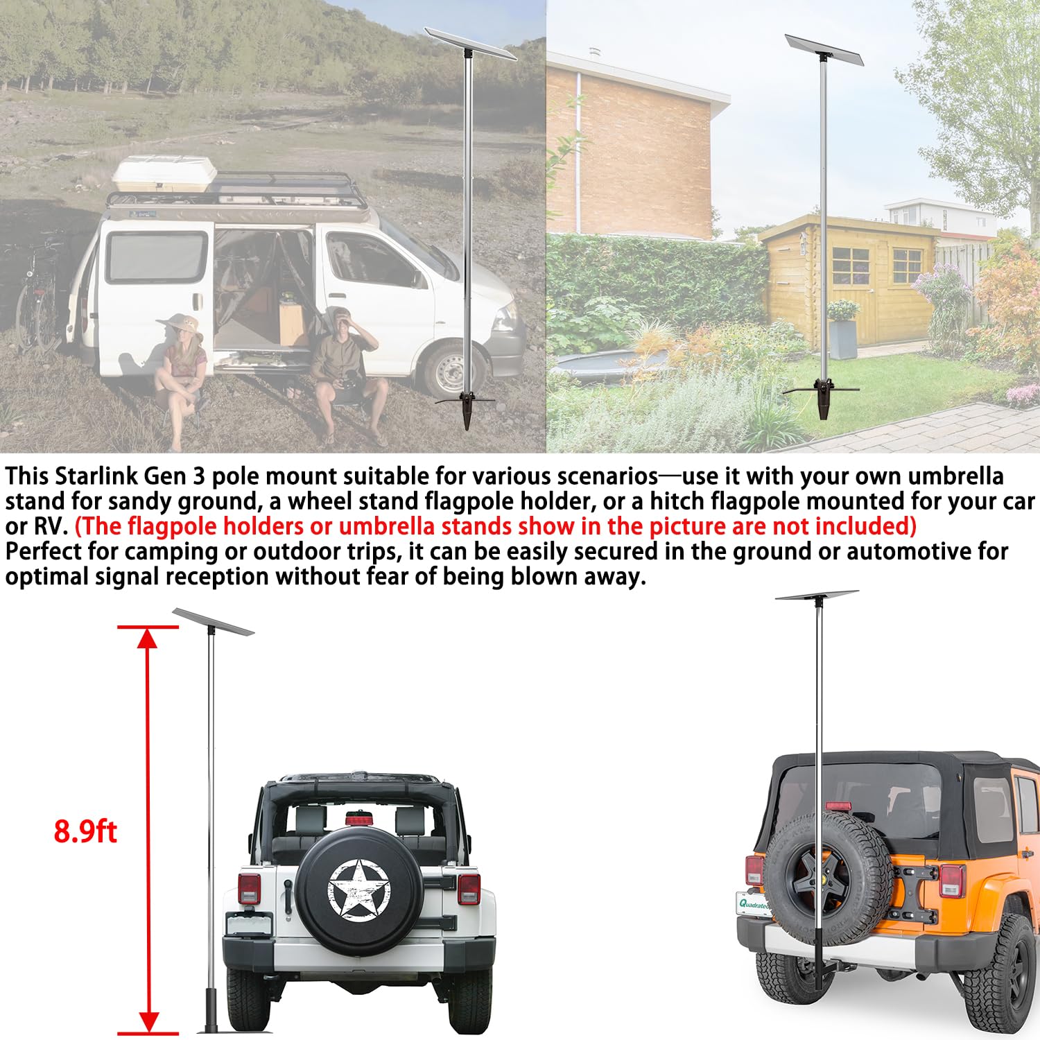 Starlink Gen 3 Pole Mount - Heavy Duty 2'' Aluminum Pole for Starlink Dish | 8.9ft Adjustable Height with Adapter | Perfect for RV, Camping & Off-Grid Internet Setup