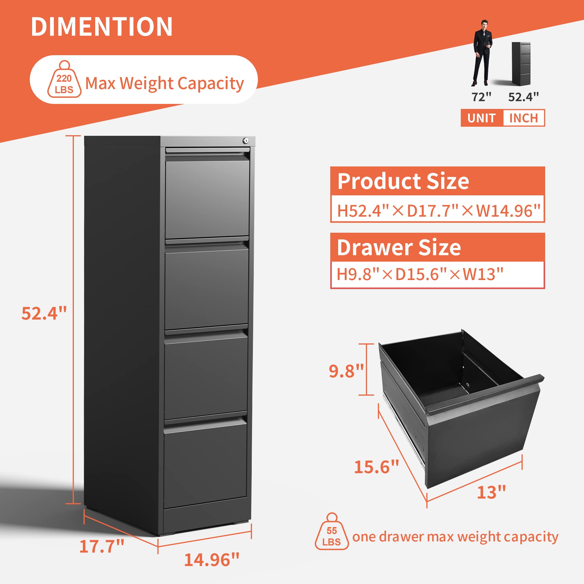 4-Drawer Metal File Cabinet with Lock - Black Vertical Filing Cabinet for Home & Office - Heavy Duty Storage for A4, Letter & Legal Size Documents - Easy Assembly Required - Perfect for Organizing Files, Bills & Office Supplies