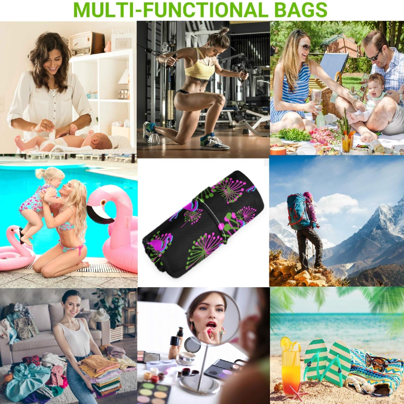 Visesunny 2-Pack Purple Flamingo Tropical Wet Bags - Reusable Waterproof Washable Storage Pouch for Swimsuits, Gym Clothes & Diapers - Perfect for Travel, Beach, Pool, Daycare & Stroller Organization