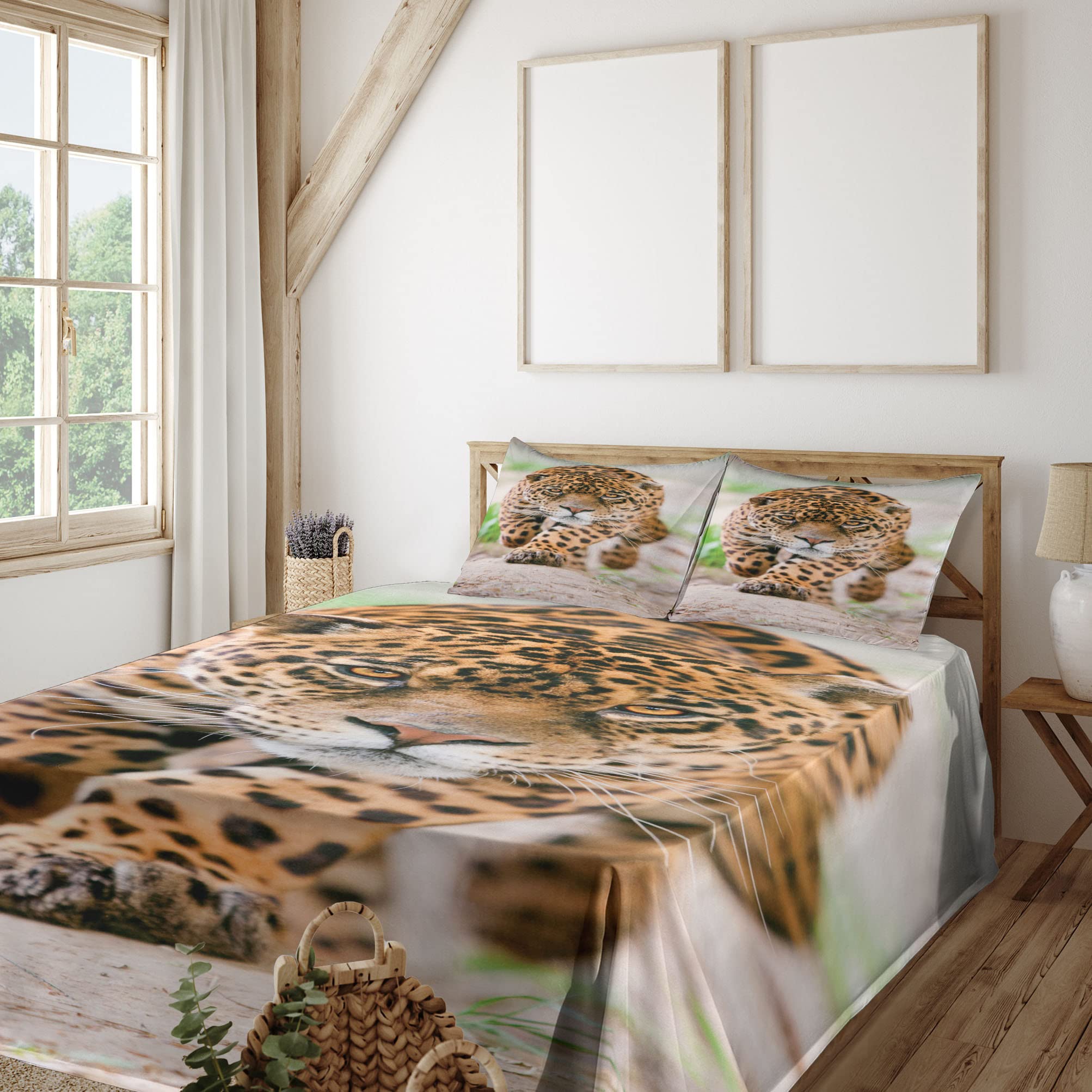 Ambesonne Leopard Print 4-Piece King Size Sheet Set - Jungle Wildlife Safari Bedding with Fitted Sheet, Flat Sheet & Pillowcases in Yellow & Beige | Perfect for African-Themed Bedrooms, Guest Rooms & Wild Animal Lovers