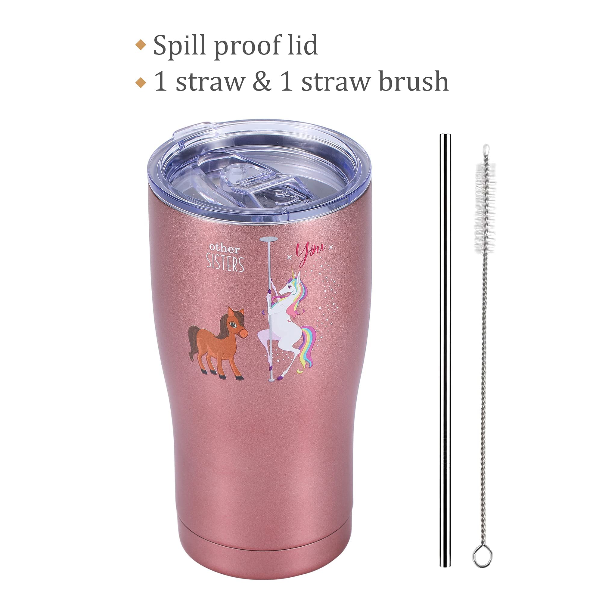 Shamone Unicorn Sister Tumbler 20oz - Insulated Stainless Steel Cup with Lid, Straw & Cleaning Brush - Funny Birthday & Christmas Gift for Sister (Rose Gold) - Perfect for Coffee, Tea & Cold Drinks at Work, School or Home