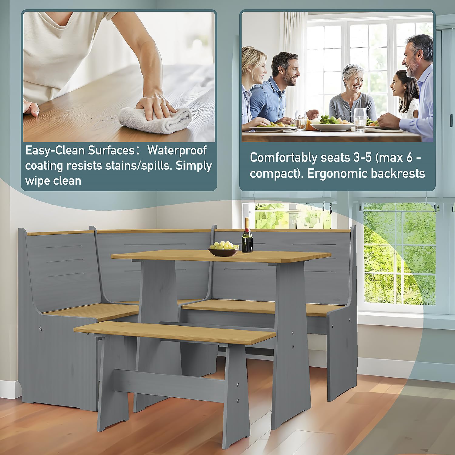 Space-Saving L-Shaped Breakfast Nook Set - 3-5 Seat Corner Dining Table & Bench with Reversible Design, Grey Wood for Kitchen & Small Dining Areas | Perfect for Family Homes, Apartments & Cozy Breakfast Nooks