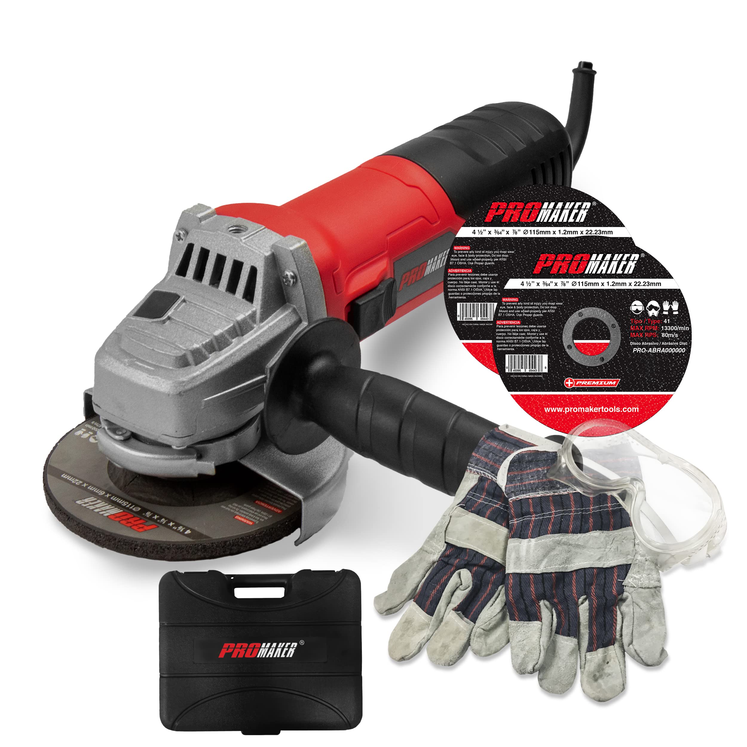 PROMAKER 6.5-Amp 4-1/2 Inch Angle Grinder Kit with Safety Goggles, Work Gloves, 2 Grinding Wheels & Extra Carbon Brushes - 750W Power Tool (115mm) PRO-ES750KIT - Perfect for Metal Cutting, Grinding & DIY Projects