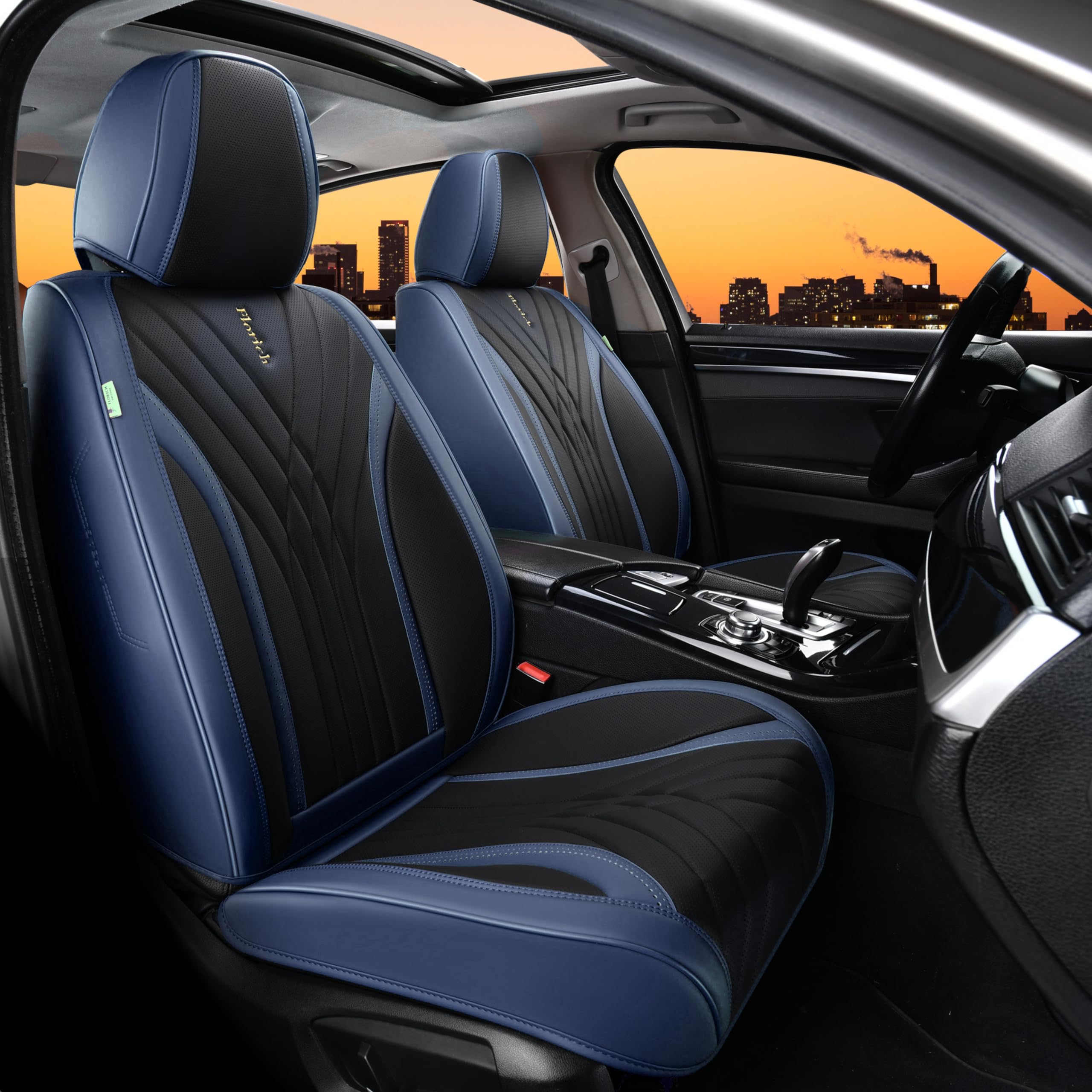 Premium FLORICH Front Seat Covers - 2-Piece Waterproof Leatherette Car Seat Protectors (Black & Blue) for Sedan, SUV & Pickup Trucks | Luxury Comfort & Vehicle Interior Protection for Daily Commute, Road Trips & Family Travel