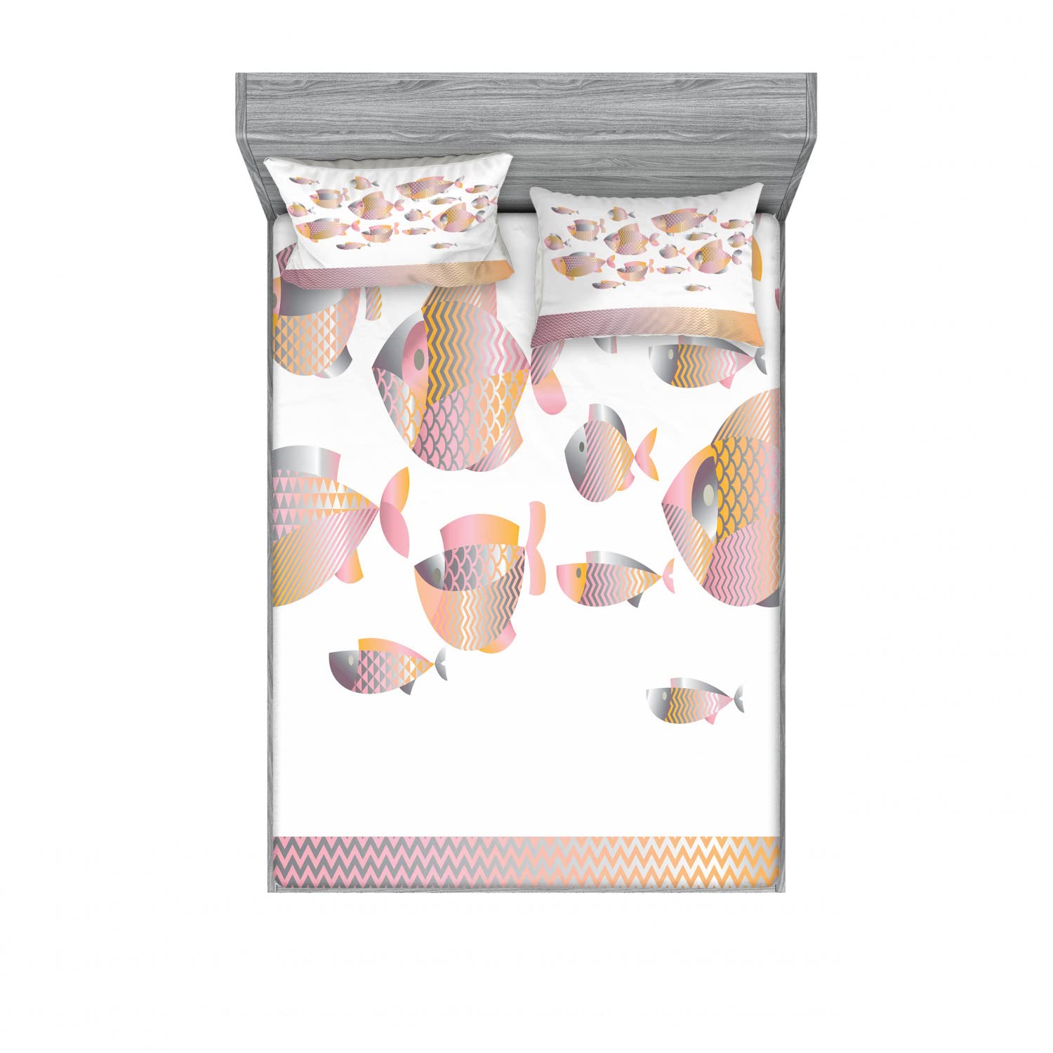 Ambesonne 2-Pack King Size Fitted Sheet Set with 4 Pillow Shams - Modern Ocean Fish Pattern Zigzag Design Bedding in Soft Pink & Orange - Perfect for Beach House Decor, Guest Room or Kids' Bedroom