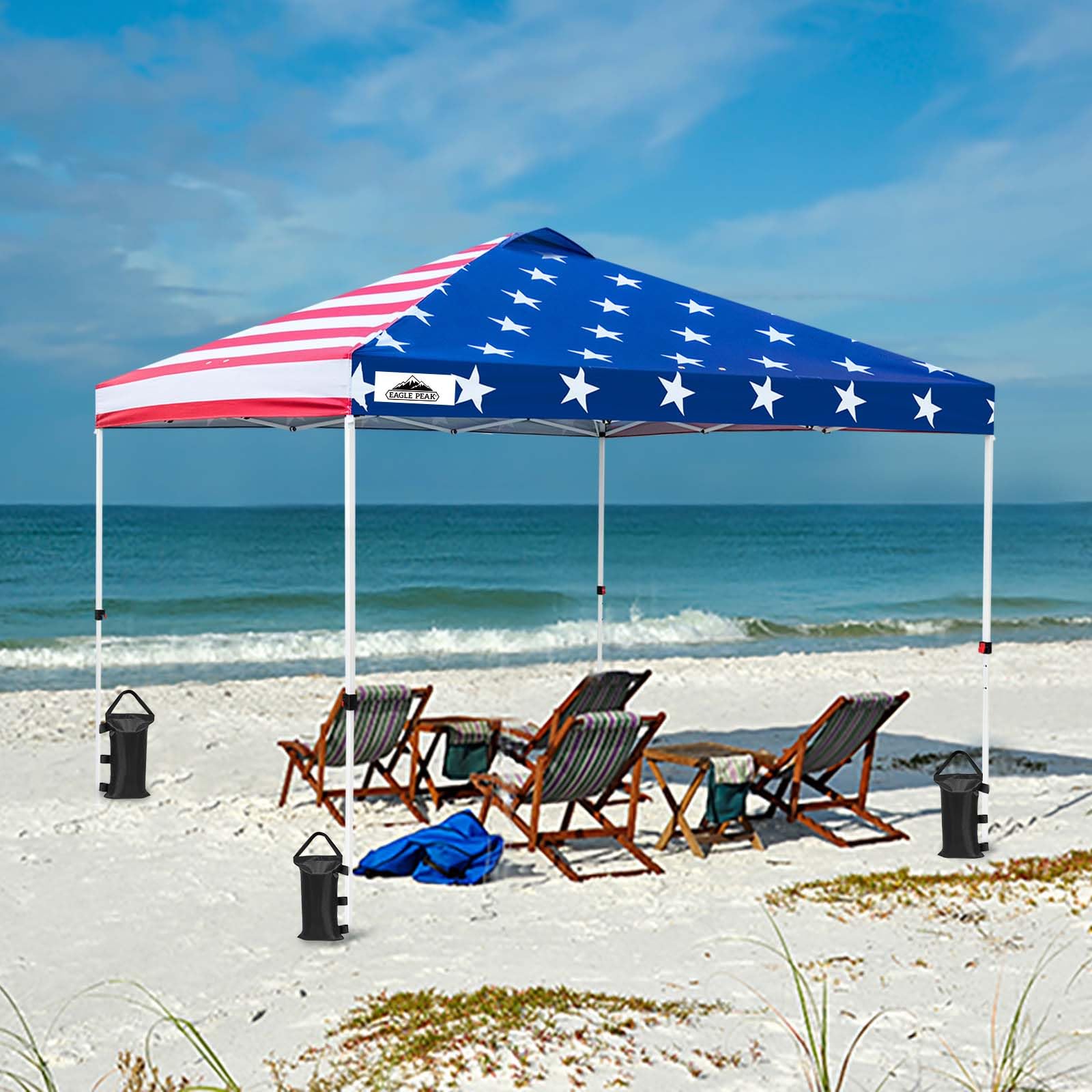 EAGLE PEAK 10x10 ft Pop Up Canopy Tent with Wheeled Carry Bag - Portable Instant Shelter with 8 Stakes, 4 Ropes & 4 Weight Bags - 100 sq ft Shade Coverage (American Flag Design) - Perfect for Backyard BBQs, Beach Outings, Camping & Outdoor Events