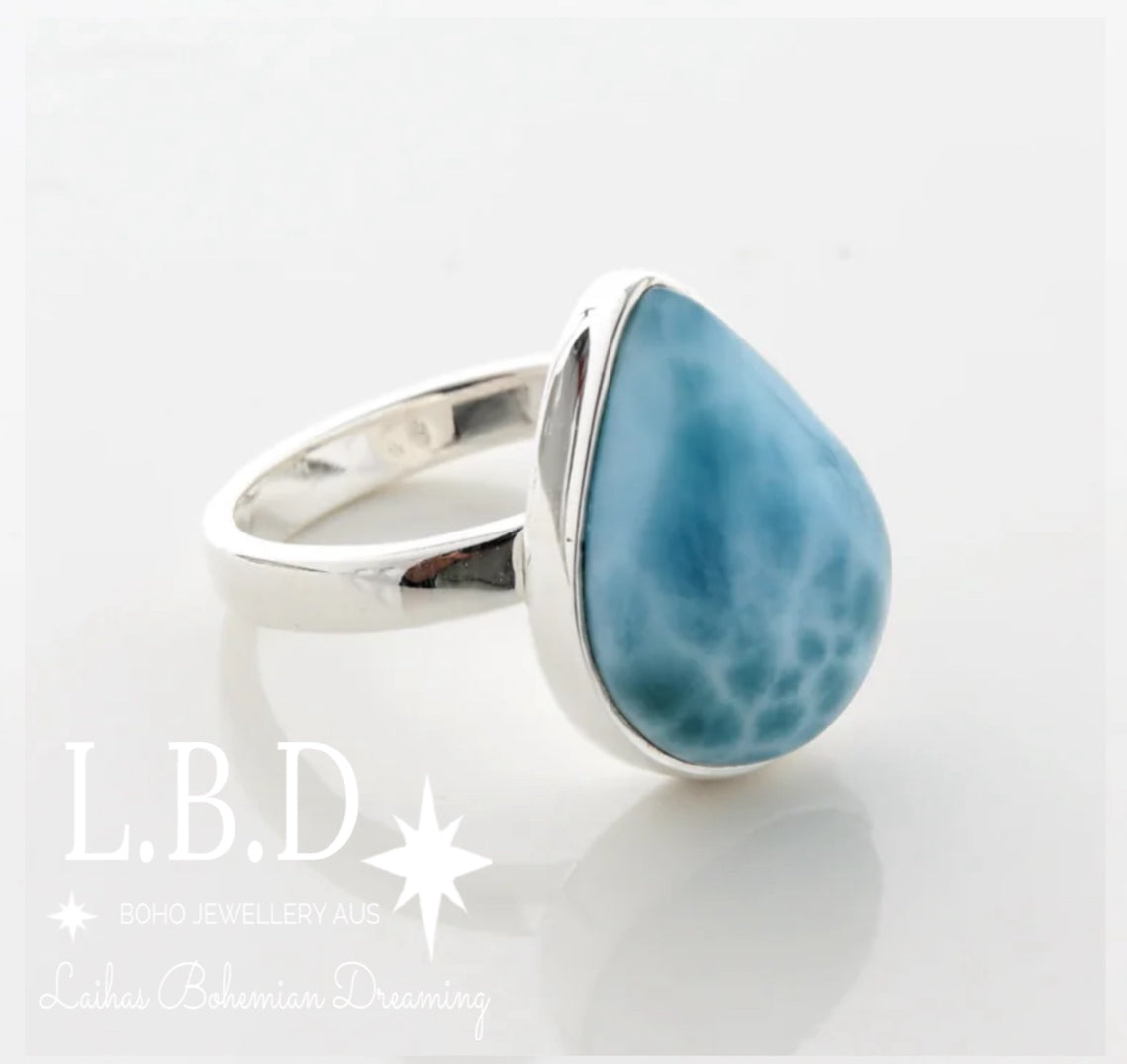 Laihas Rejuvenating Larimar Ring - Natural Blue Gemstone Jewelry for Women, Healing Crystal Ring for Stress Relief & Positive Energy - Perfect for Meditation, Yoga & Spiritual Gifts