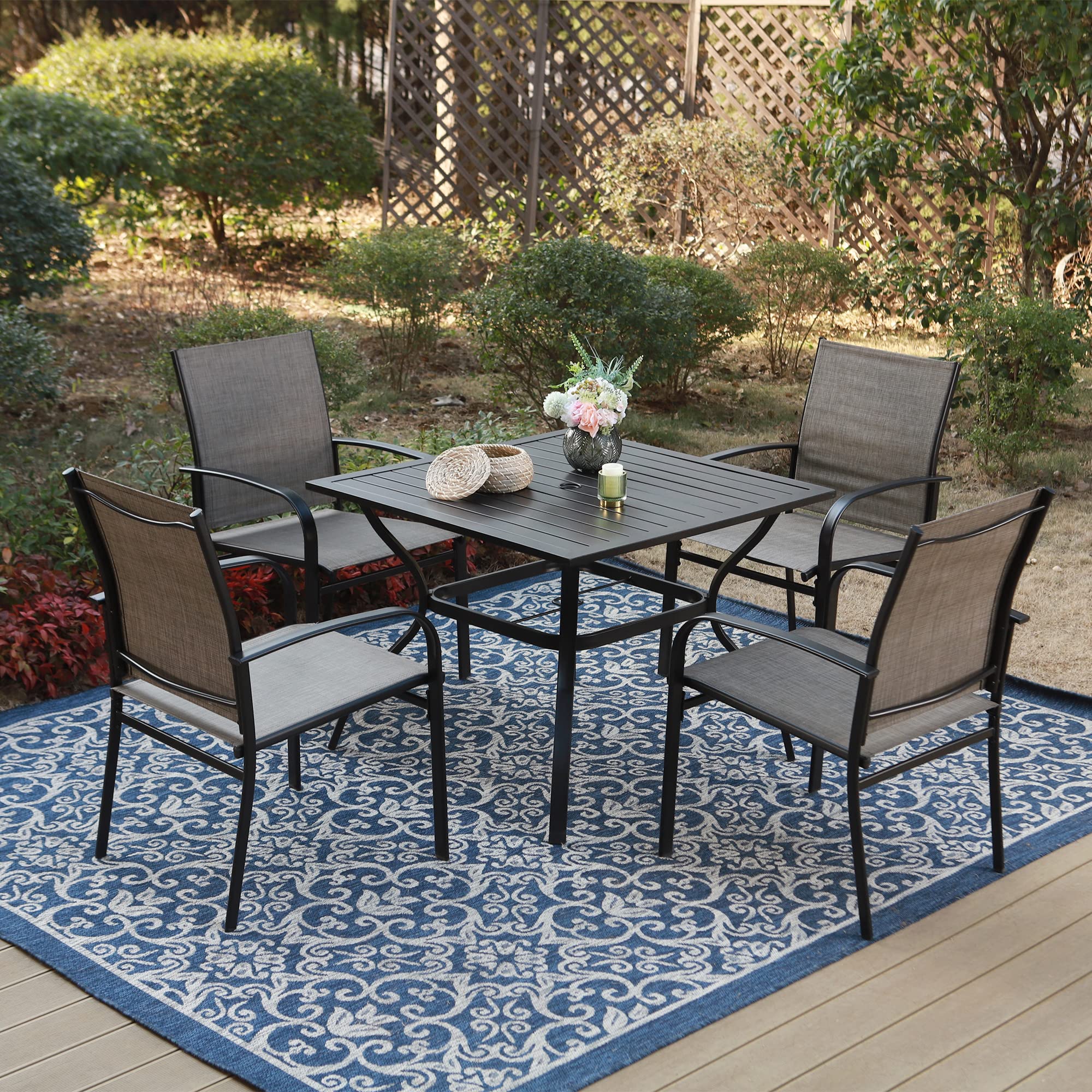 4-Person Outdoor Patio Dining Table - Square Metal Garden Table with Umbrella Hole for Backyard, Porch & Balcony | Perfect for BBQ Parties, Family Gatherings & Outdoor Entertaining