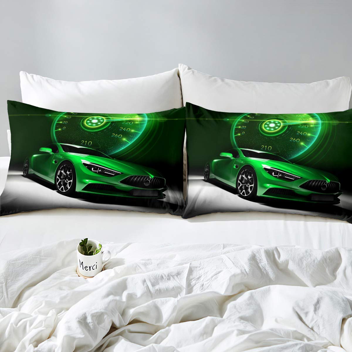 King Size Green Race Car Comforter Set - Sports Car Bedding for Kids, Boys & Men - Extreme Speedometer & Automobile Design - Includes 1 Comforter & 2 Pillowcases - Perfect for Racing Themed Bedrooms, Gaming Rooms & Gift Giving