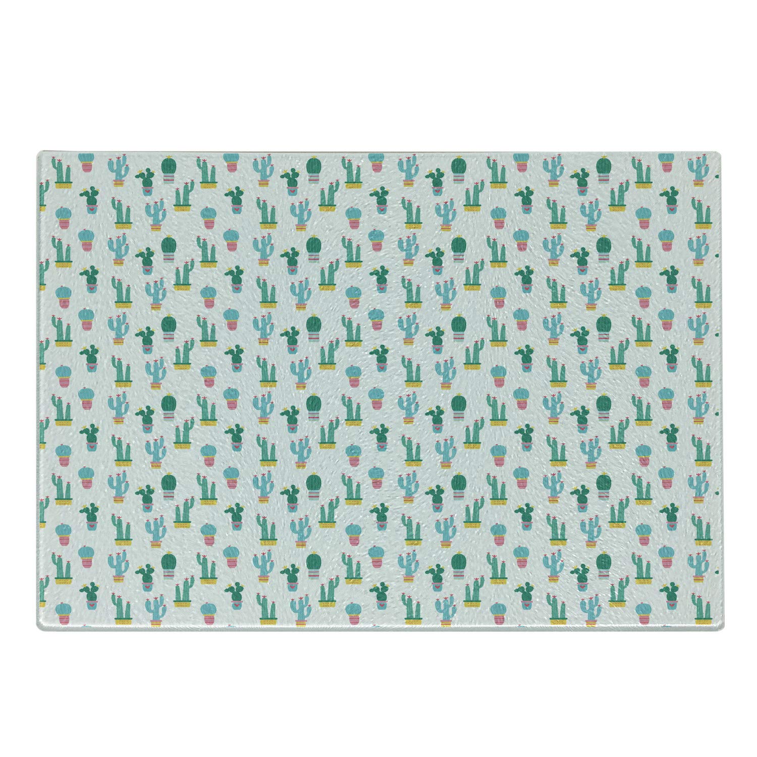 Ambesonne Cactus Themed Tempered Glass Cutting Board - Colorful Cartoon Prickle Plants Design - Small Decorative Serving Board for Kitchen, Dining & Party Use