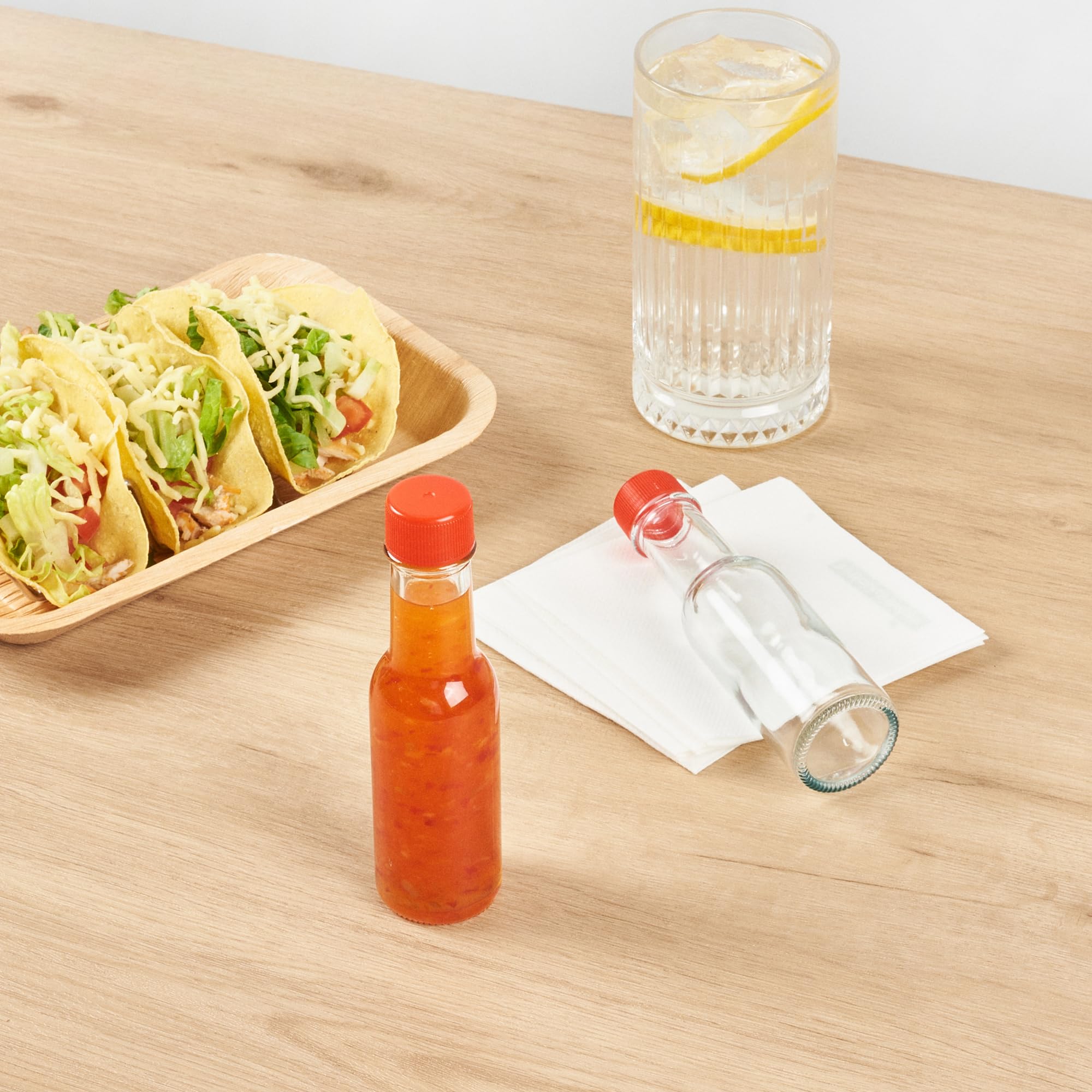 **Vetri 3 oz Clear Glass Woozy Bottles (10-Pack) with Red Caps – Dishwasher Safe & Durable for Hot Sauce, Salad Dressing, BBQ Sauce, Oil, Tinctures – Perfect for Restaurants, Catering & Home Kitchens**