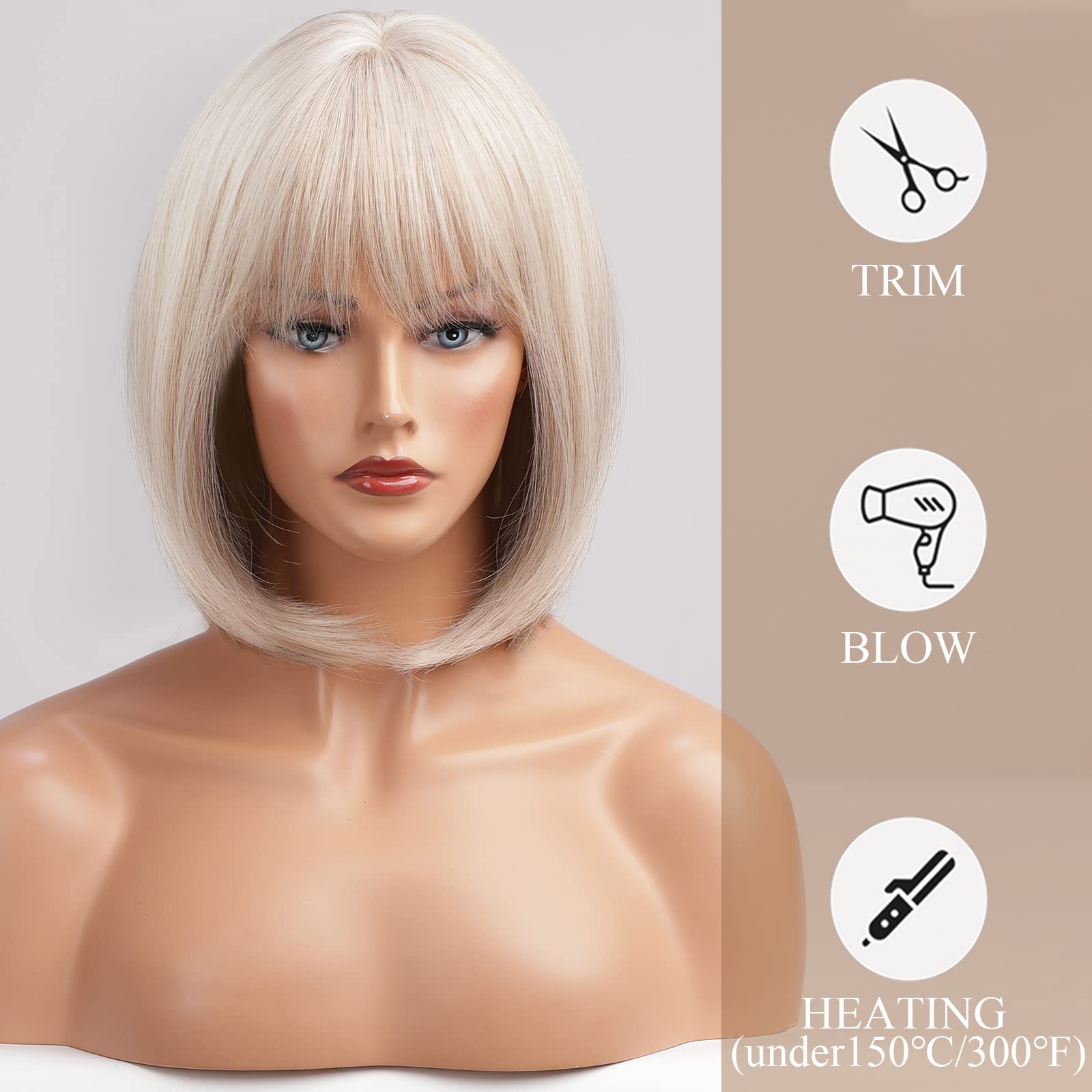 HAIRCUBE 12 Inch Blonde to White Ombre Bob Wig with Bangs - Heat Resistant Synthetic Hair for Women | Cosplay, Costume Parties & Daily Fashion