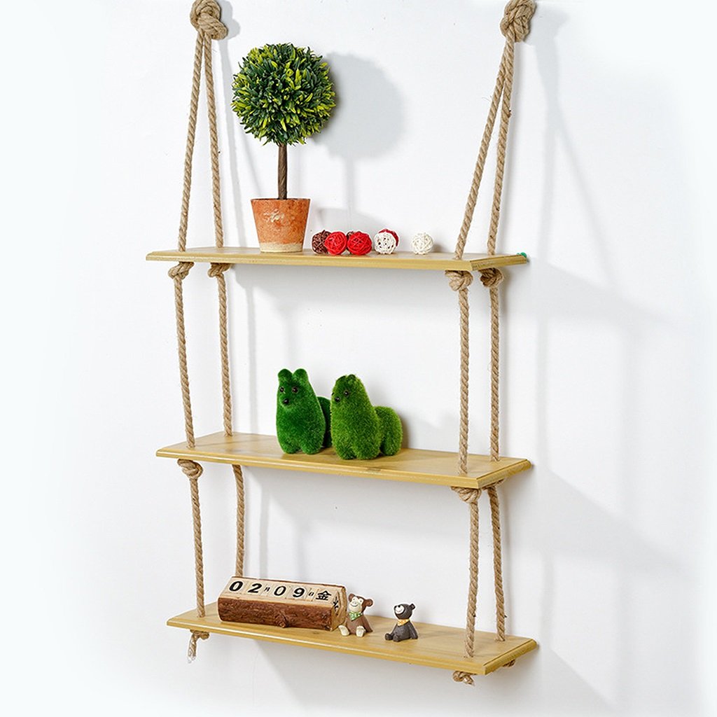 Floating Rope Swing Shelves - Natural Wood Wall Hanging Display Shelf with 3 Tiers for Home Decor | Perfect for Books, Photo Frames, Plants & CDs | Rustic Storage Solution for Living Room, Bedroom & Office