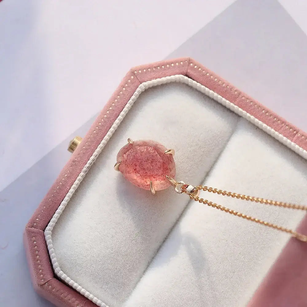 Dainty Strawberry Pink Gemstone Necklace for Women - Elegant Rose Quartz Pendant Jewelry Gift | Perfect for Valentine's Day, Anniversary & Everyday Wear | HJZB 250