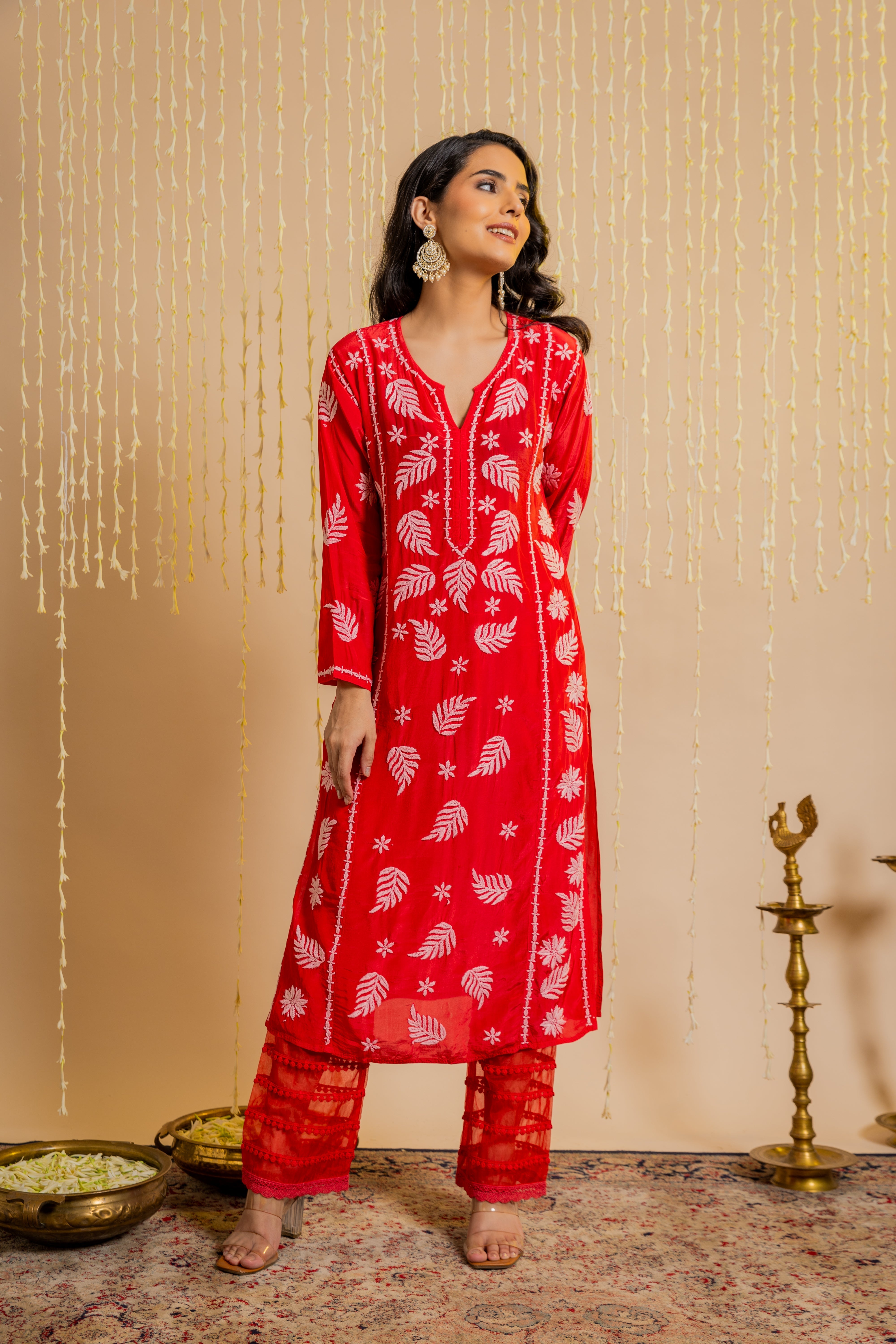 Elegant Chikankari Crepe Silk Kurta for Women - Red Notch Neck Design | Perfect for Festivals, Parties & Casual Wear | Handcrafted Indian Ethnic Wear