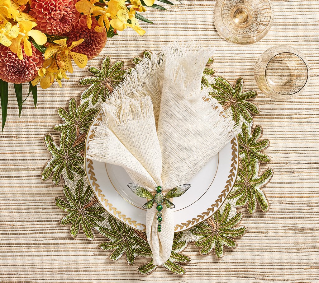 Oasis Placemat Set of 2 - Elegant Ivory, Green & Gold Table Mats for Dining, Kitchen Decor, and Party Settings