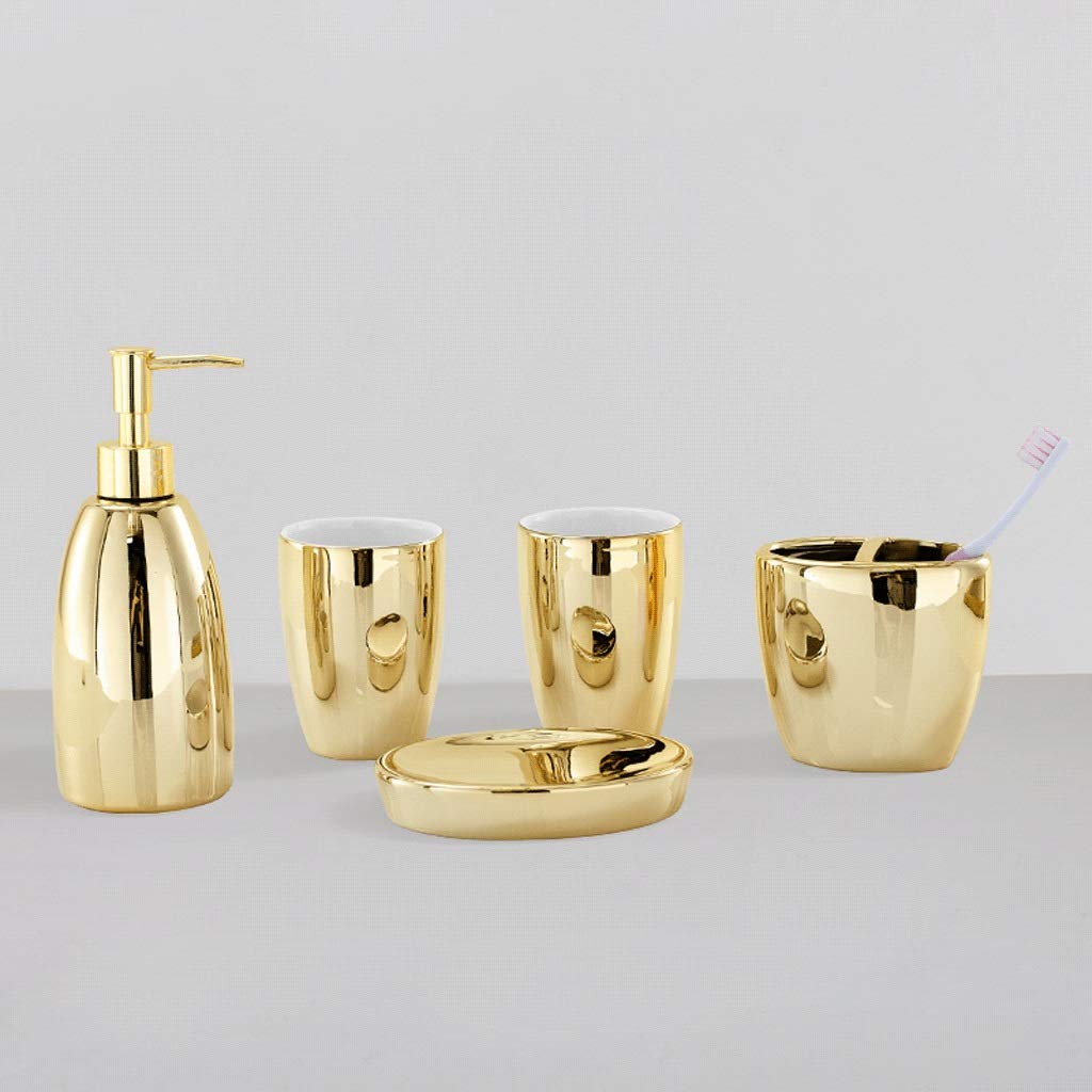 Luxury Gold Ceramic Bathroom Accessory Set - 5 Piece Soap Dispenser, Lotion Dispenser, Toothbrush Holder, Mouthwash Cup & Soap Dish | Elegant Bathroom Decor for Home, Hotel & Spa Use