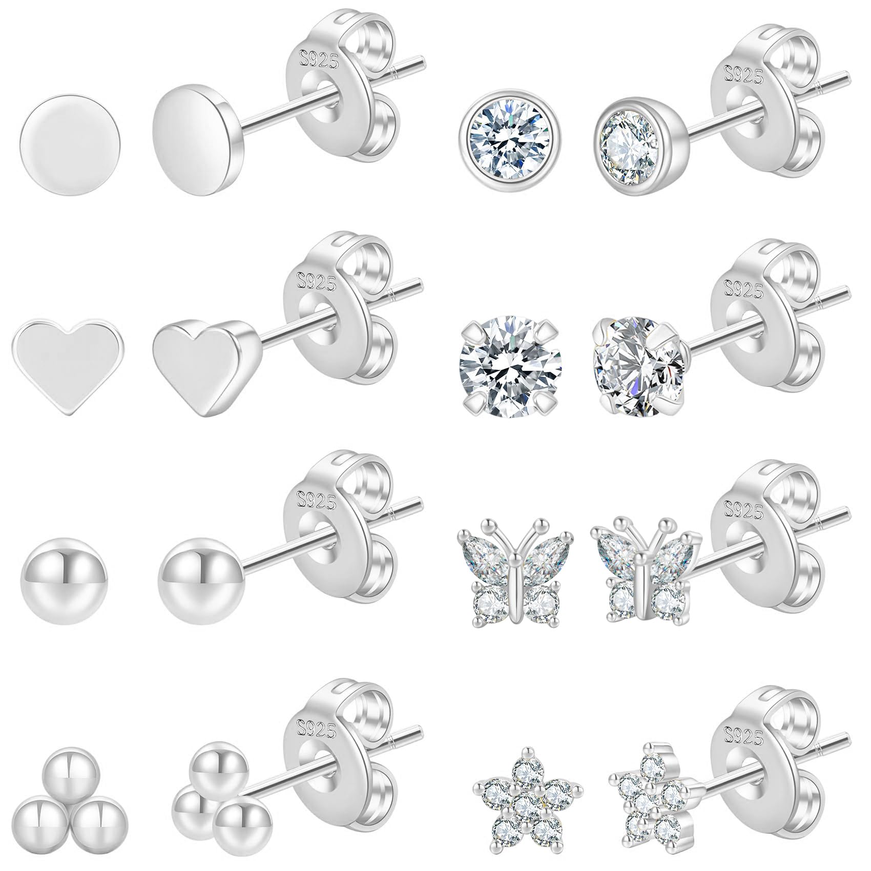 8 Pairs Sterling Silver Stud Earrings for Women - 14K Gold Plated Hypoallergenic Cubic Zirconia Small Earrings Set | Perfect for Everyday Wear, Gift Giving & Special Occasions