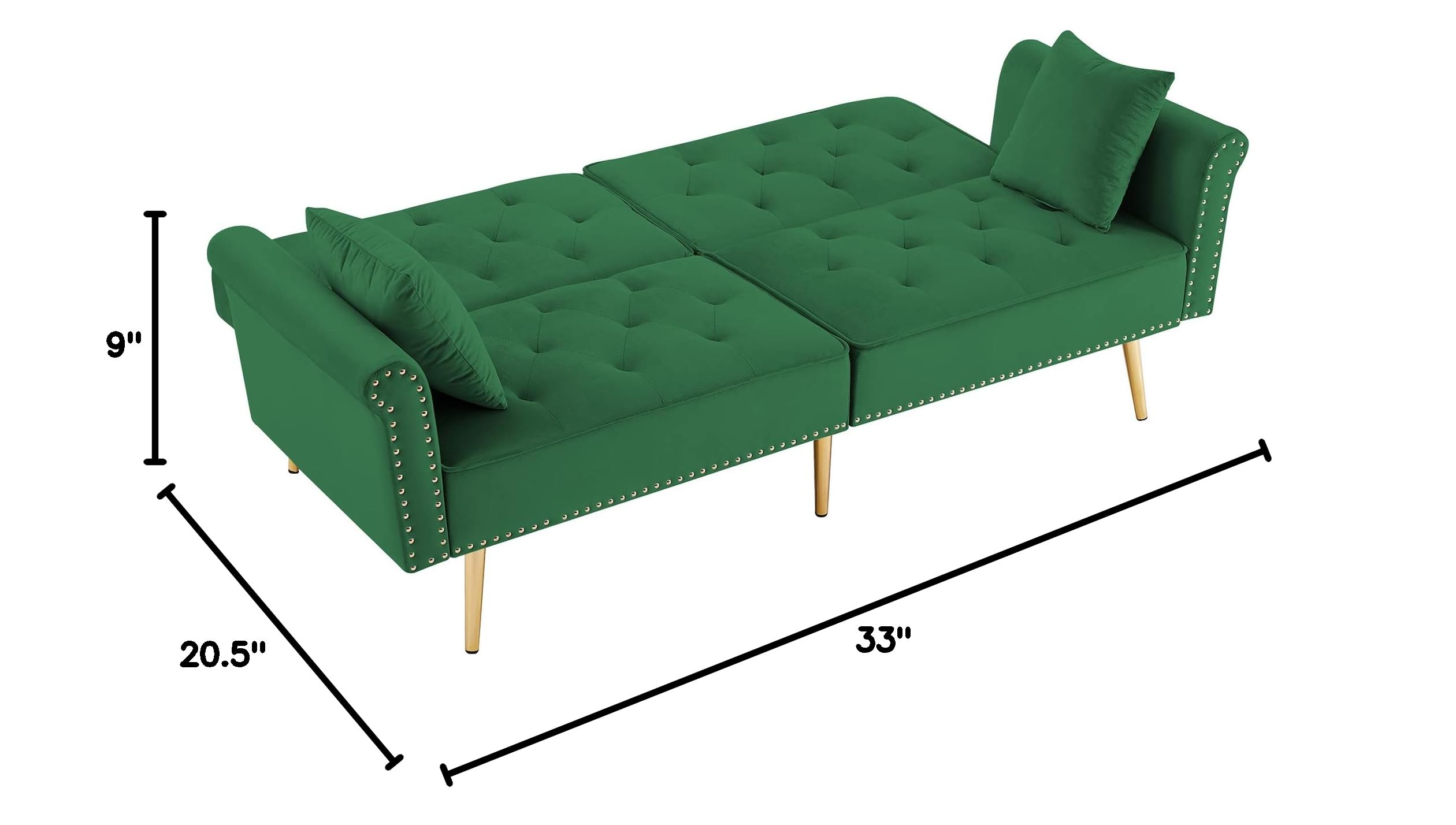 Velvet Tufted Convertible Futon Sofa Bed with 2 Pillows - Nailhead Trim & Metal Legs - Small Space Sofa Bed for Bedroom, Living Room, Apartment - Green with Gold Accent - Perfect for Guest Rooms, Studio Apartments and Cozy Reading Nooks