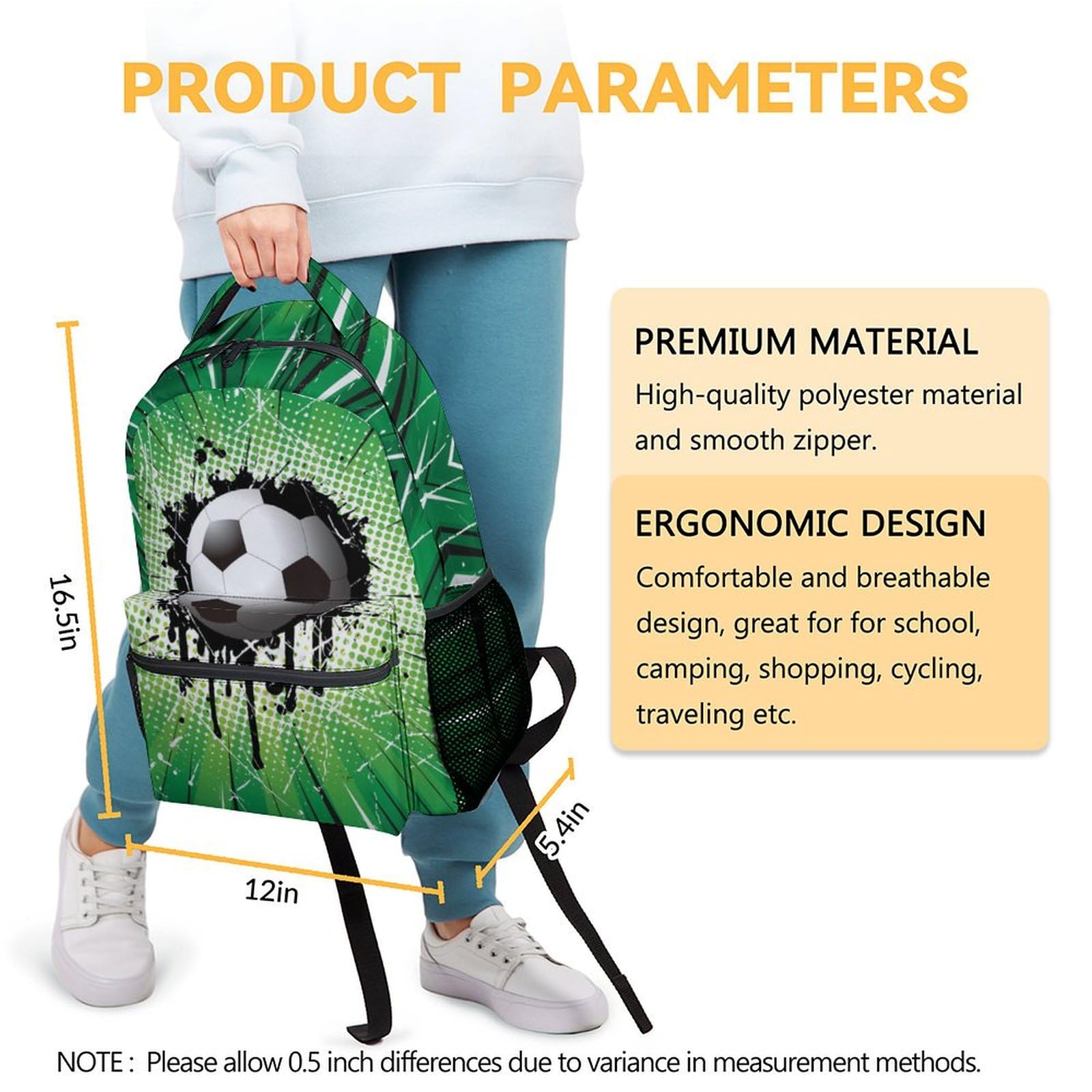 **16 Inch Soccer Backpack for Boys - Lightweight School Bookbag with Soccer Print, Green - Perfect for Sports, School & Travel**