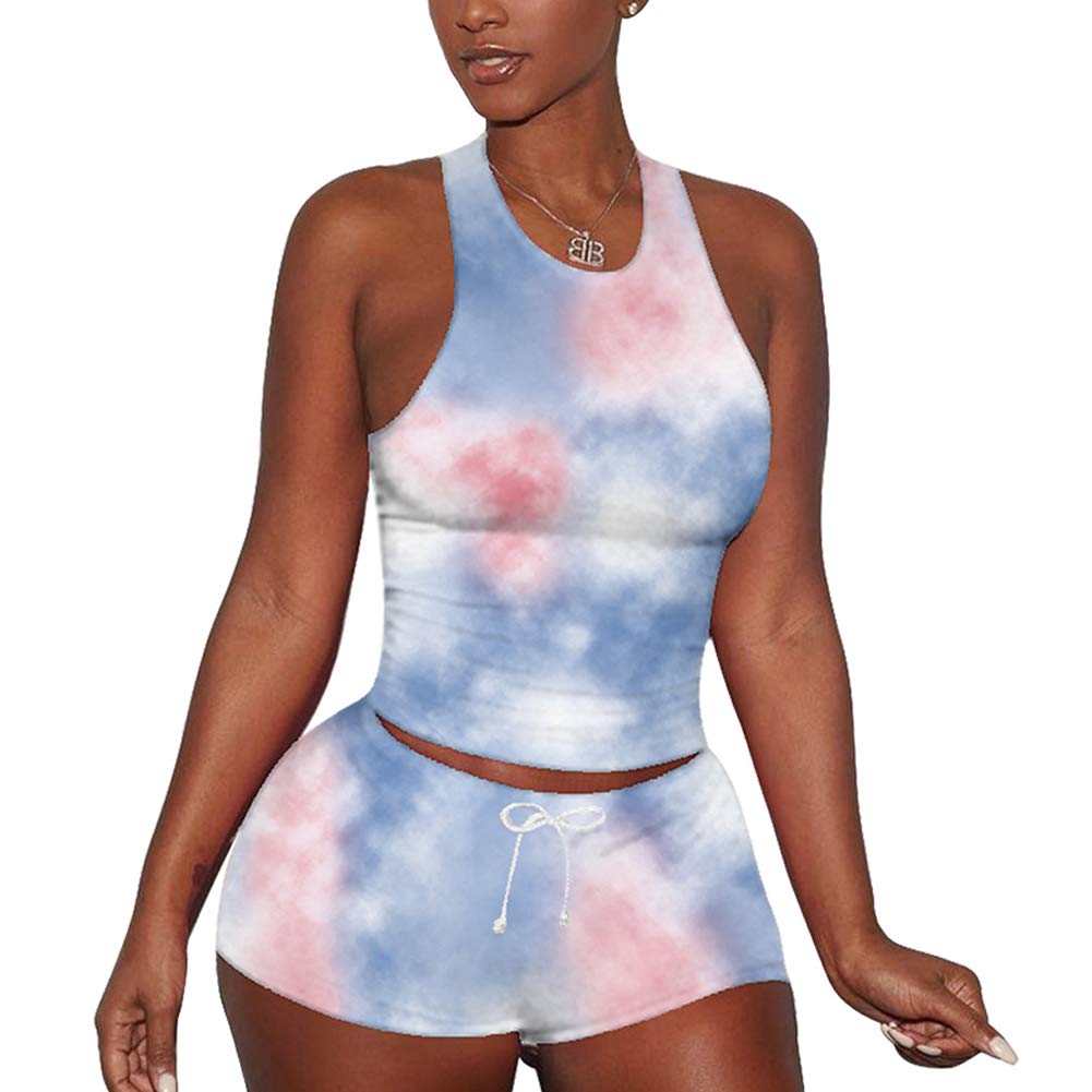 Women's Tie-Dye Pajama Set - Soft Ruffle Short Sleeve Sleepwear & Lounge Pants Comfy Nightwear for Sleep, Relaxing at Home or Vacation