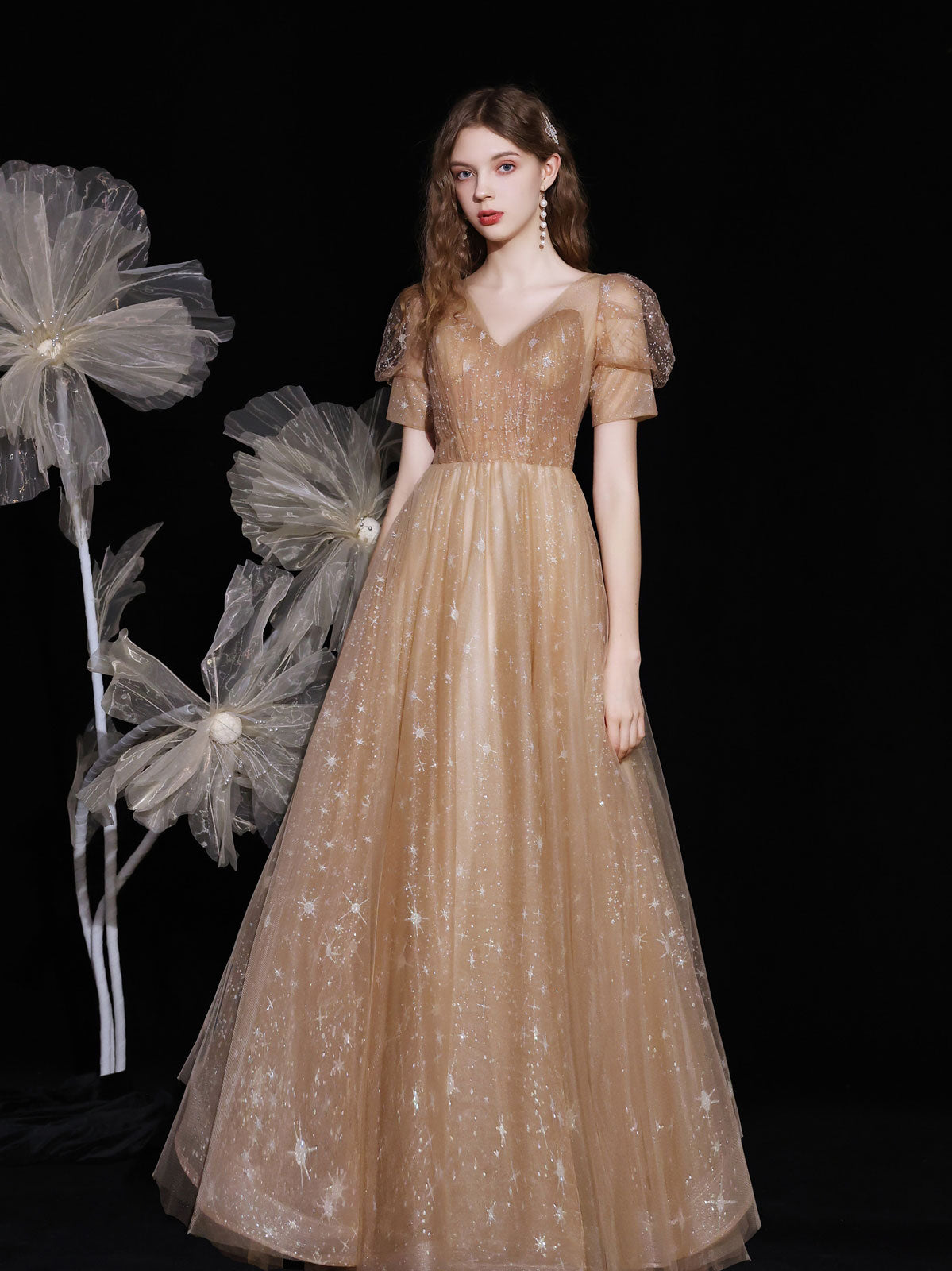 Elegant Champagne V-Neck Tulle Long Prom Dress for Women - Formal Evening Gown for Homecoming, Wedding, and Special Occasions
