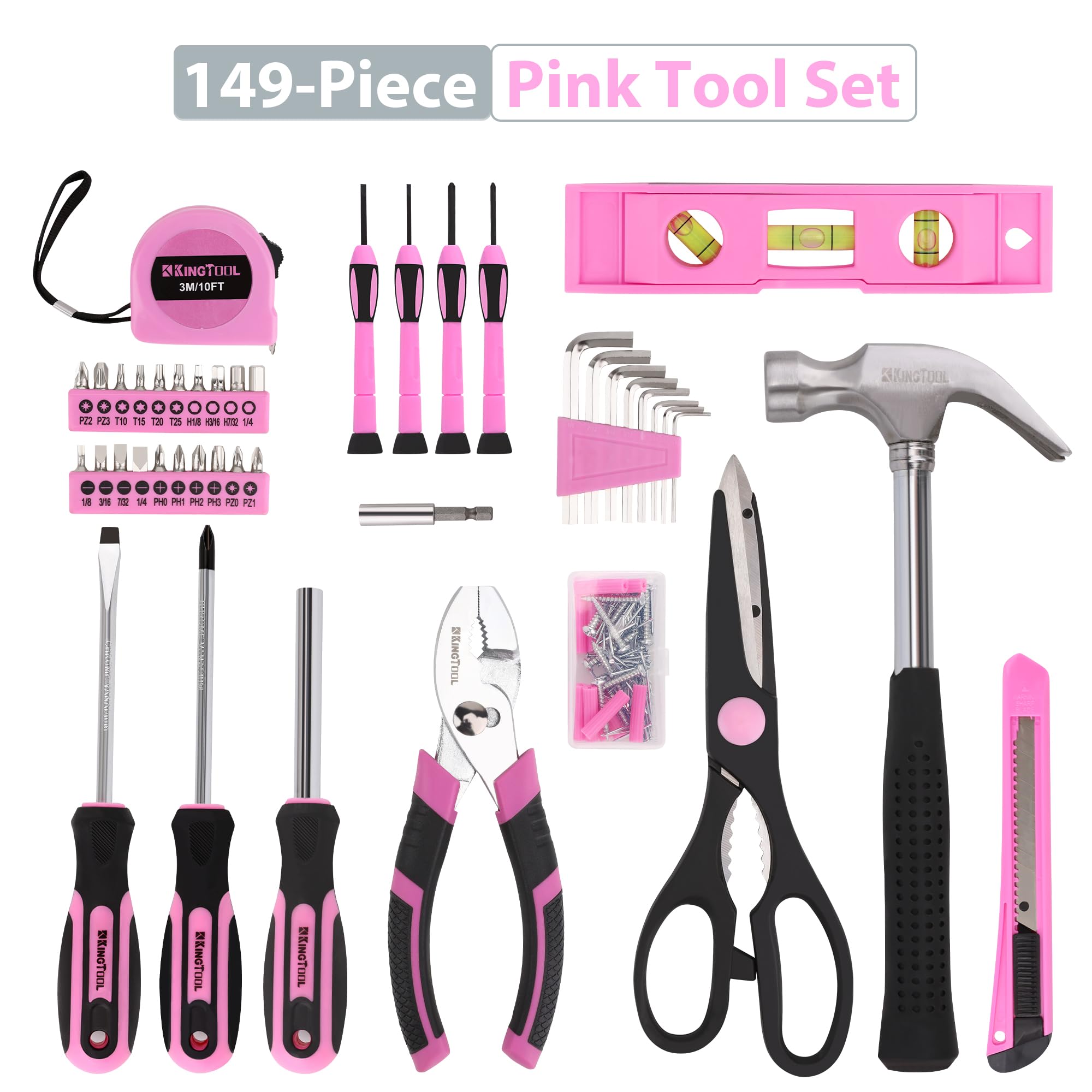 **KingTool 149-Piece Pink Tool Kit - Essential Home Repair Tool Set with Plastic Toolbox, Perfect for Women, DIY, Office & College Repairs - Ideal for Household Fixes, Small Projects & Emergency Repairs**