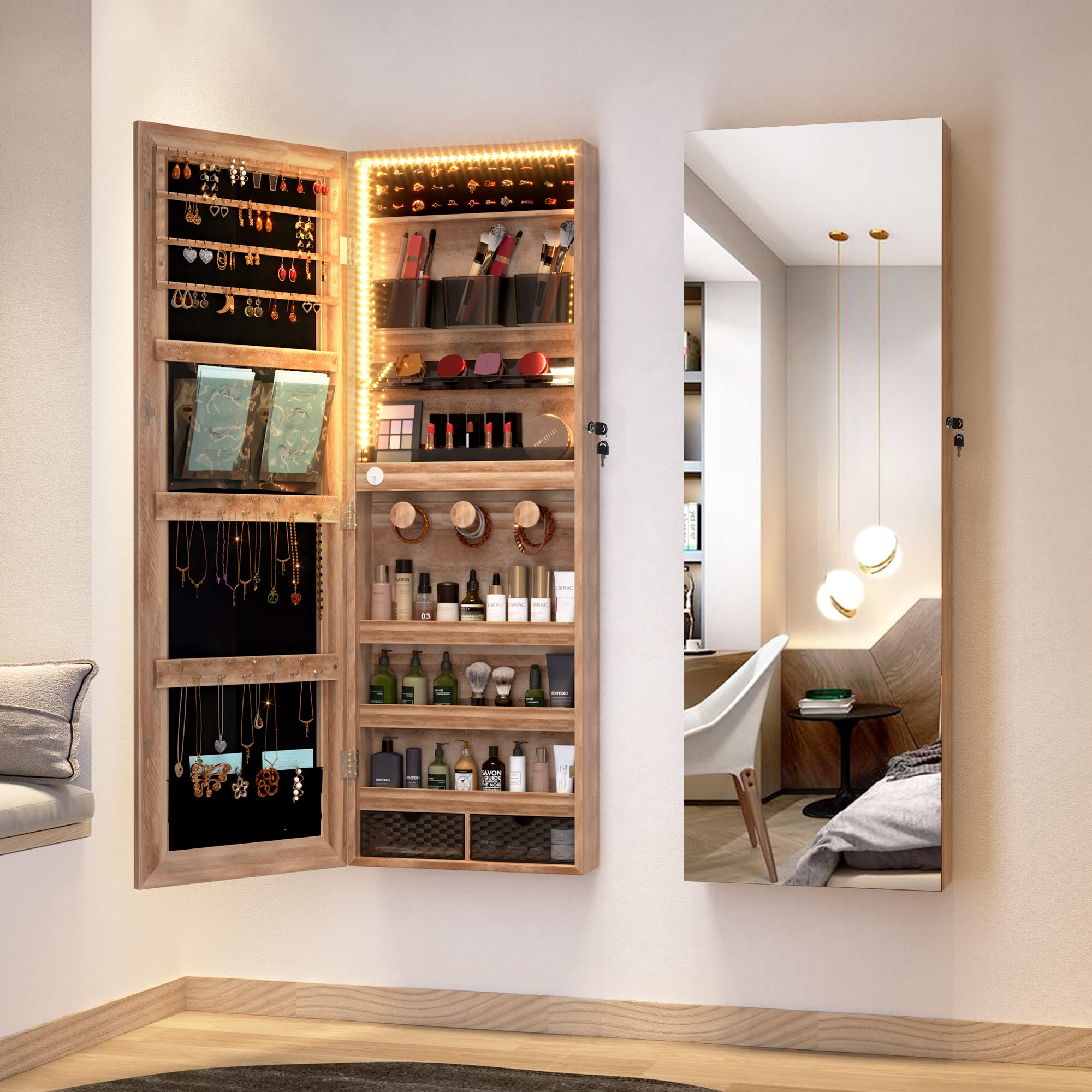 LVSOMT Lockable Jewelry Armoire Organizer with LED Lights - Wall Mounted Mirror Jewelry Cabinet with Storage, Brown - Perfect for Bedroom, Closet & Dressing Room Organization