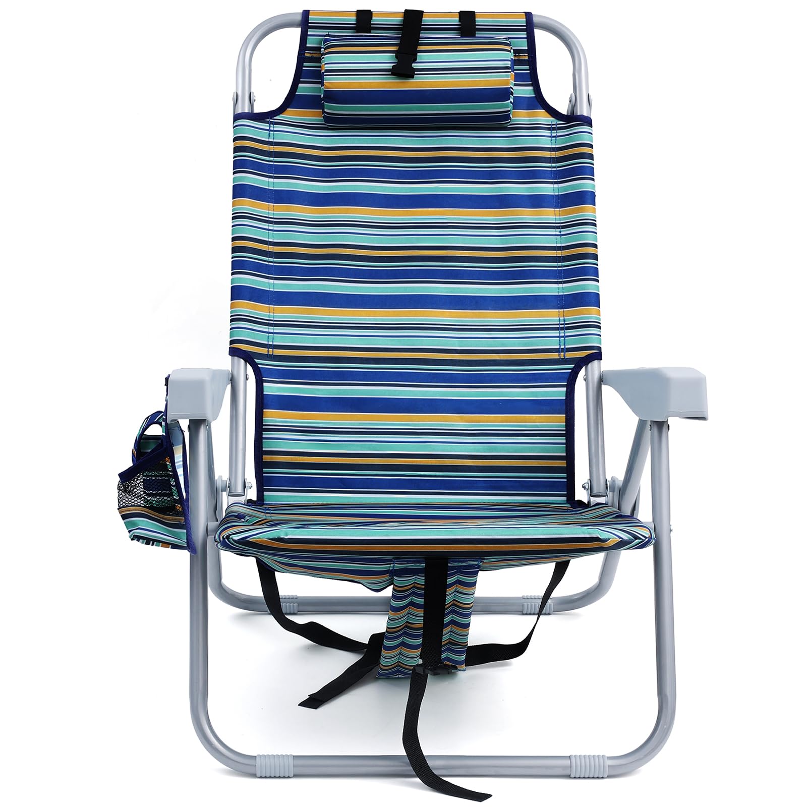 **Heavy Duty Folding Beach Chair for Adults - 4 Position Adjustable Backpack Beach Chair with Large Cooler Pouch, Supports 350LBS (Stripes Blue, Cyan & Yellow) - Perfect for Beach, Camping, Picnics & Outdoor Relaxation**