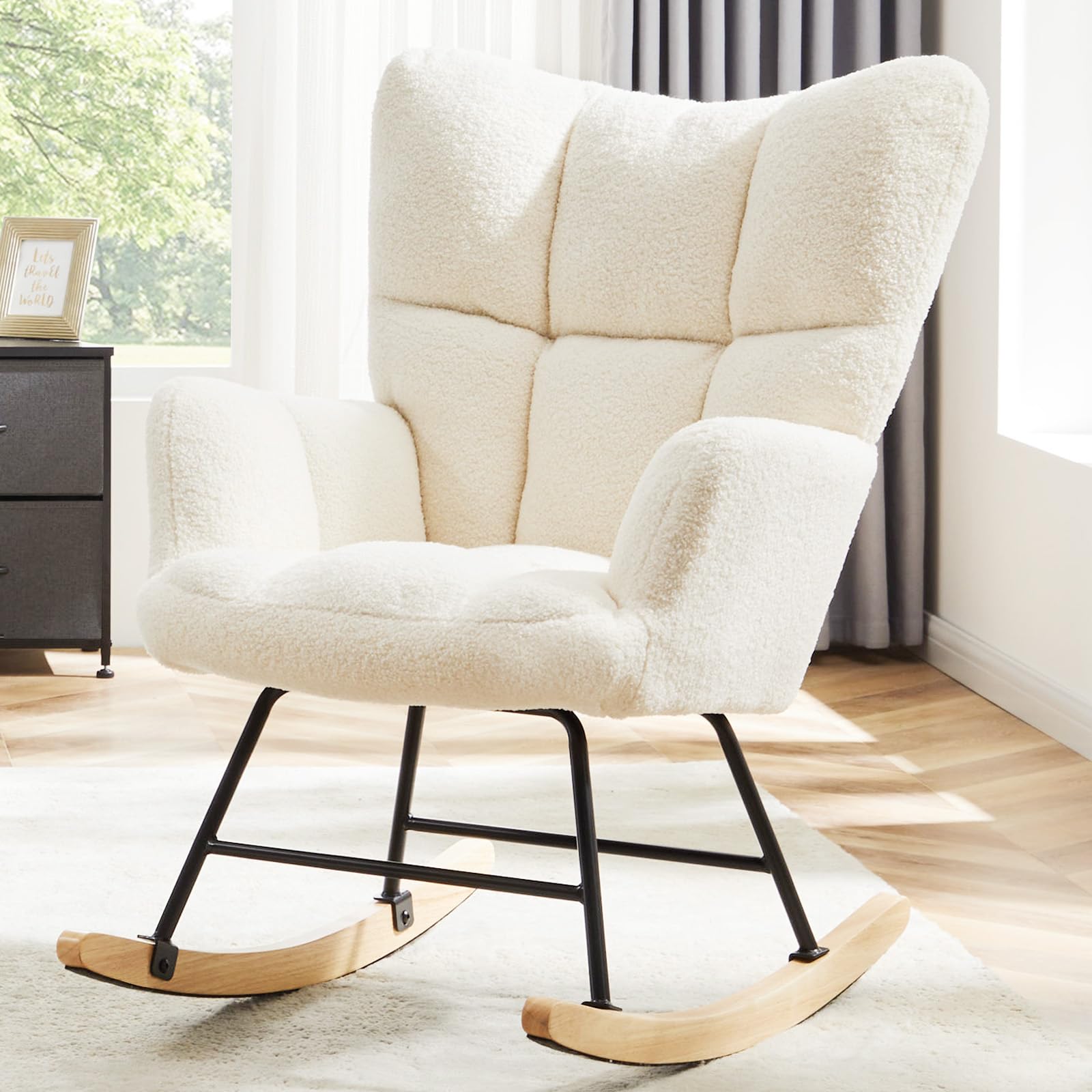 NEWBULIG Nursery Rocking Chair - Teddy Upholstered Glider Accent Armchair with High Backrest, Beige - Comfortable Rocking Chair for Nursery, Bedroom & Living Room - Perfect for Breastfeeding, Reading & Relaxing