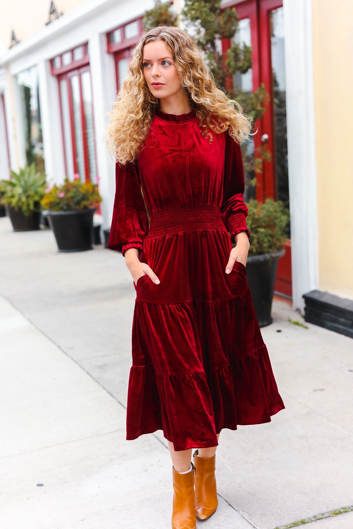 Burgundy Velvet Mock Neck Smocked Waist Dress for Women - Elegant Holiday Party & Christmas Dinner Outfit
