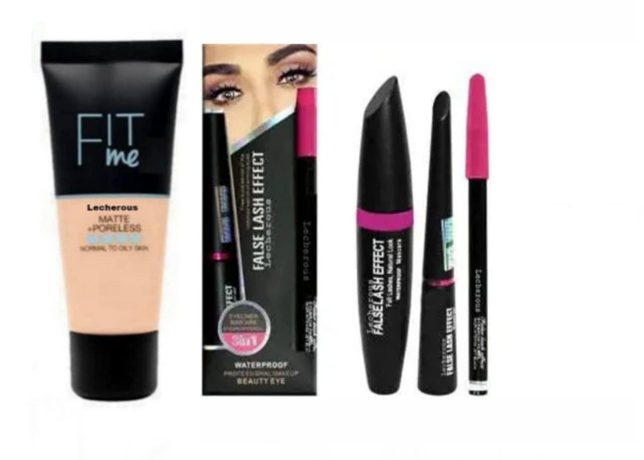 Fit Me Matte+Poreless Liquid Foundation & Kajal Eyeliner Mascara Set - 4-Piece Makeup Kit for Flawless Matte Finish | Perfect for Daily Wear, Parties & Special Occasions