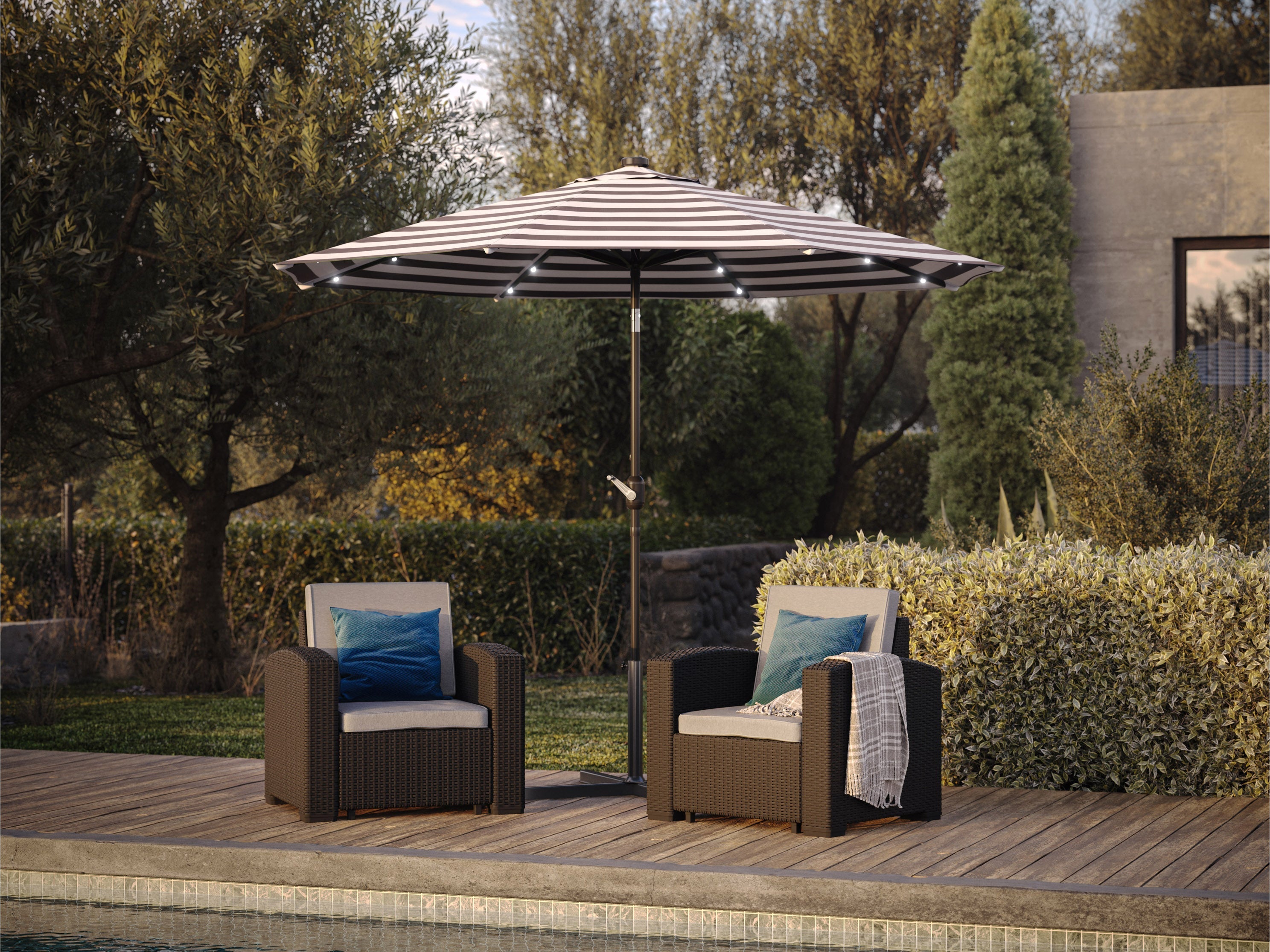 9ft Striped White and Black Patio Umbrella with LED Lights - Outdoor Garden, Poolside, and Backyard Shade Solution