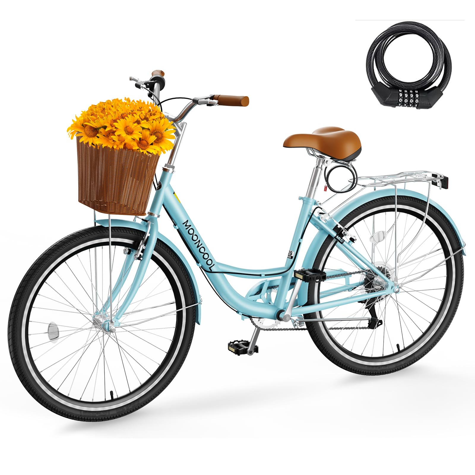 24/26 Inch Women's 7-Speed Cruiser Bike with Basket & Lock - Lightweight City Commuter Bicycle for Ladies - Perfect for Beach Rides, Urban Commuting & Leisure Cycling