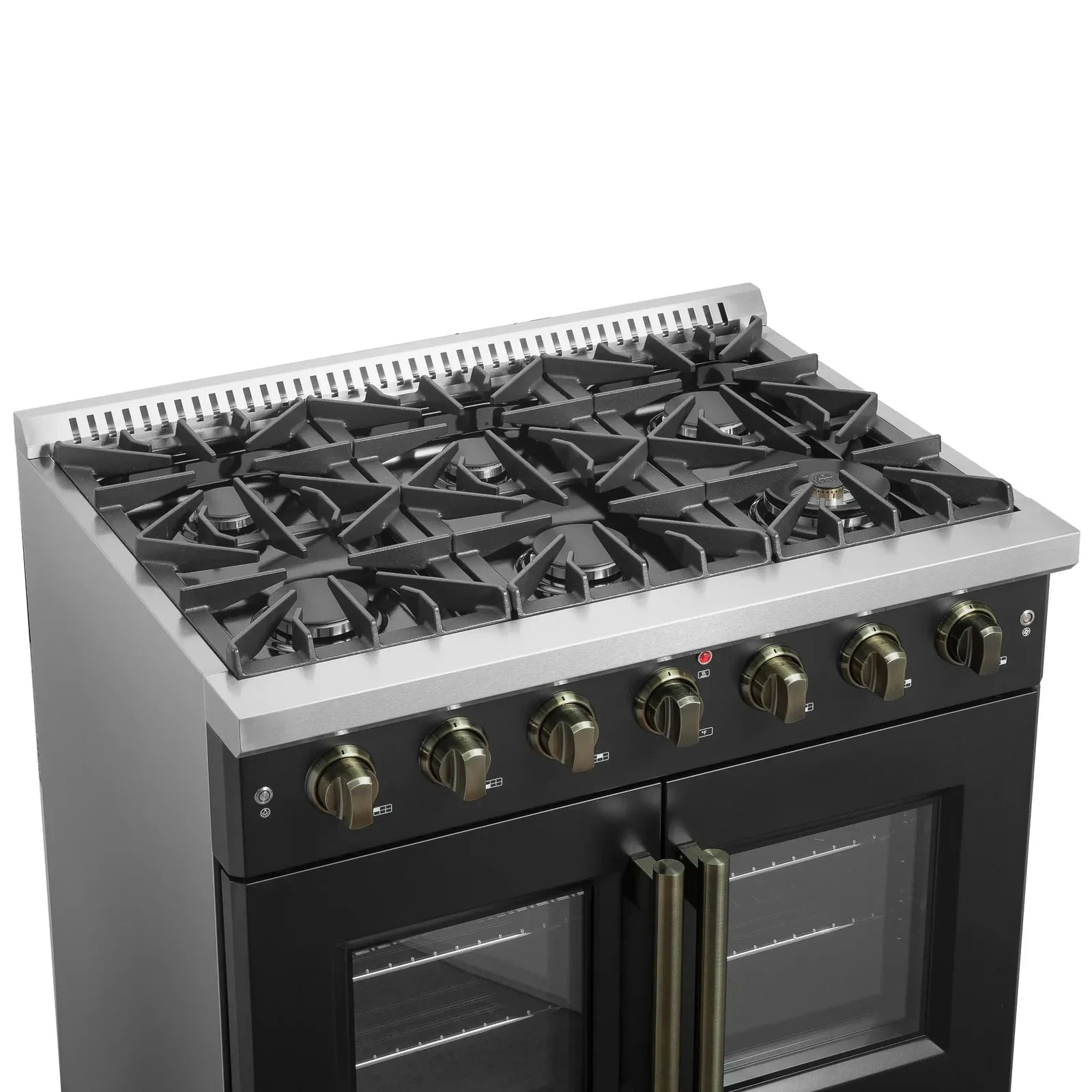 Forno Galiano 36 Inch French Door All Gas Range - Black with Antique Brass Trim - Model FFSGS6444 36BLK - Perfect for Modern Kitchens & Professional Chefs
