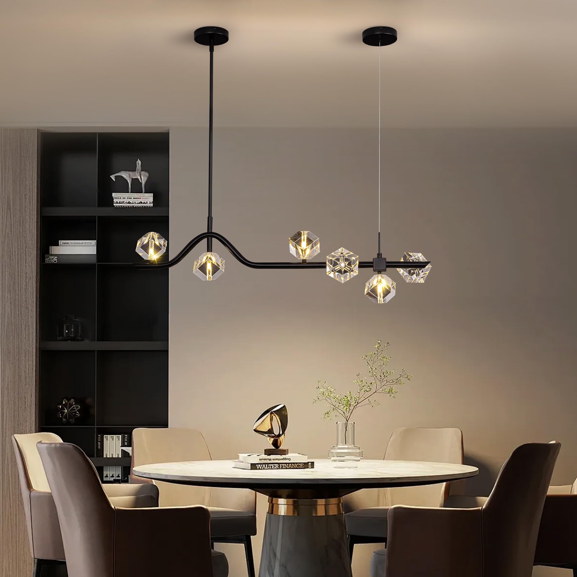 Modern 6-Light Black Crystal Chandelier for Dining Room, Living Room & Kitchen Lighting, Elegant Ceiling Light Fixture Over Table, Perfect for Home Decor and Ambient Illumination